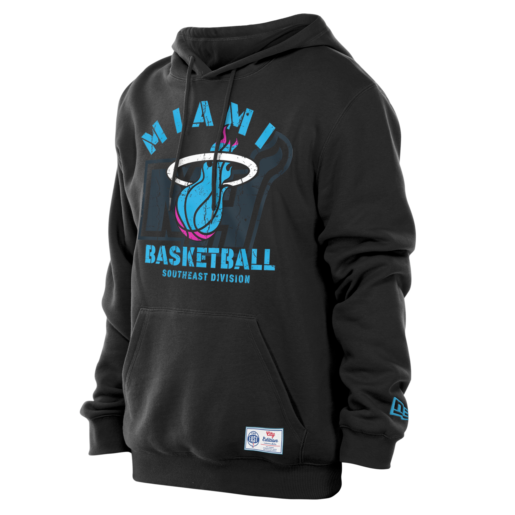 The New Era Miami HEAT Original Vice Nights Hoodie features the Miami HEAT logo and MIAMI BASKETBALL SOUTHEAST DIVISION text in blue and pink, a front pocket, left sleeve patch, and is machine washable for easy care.