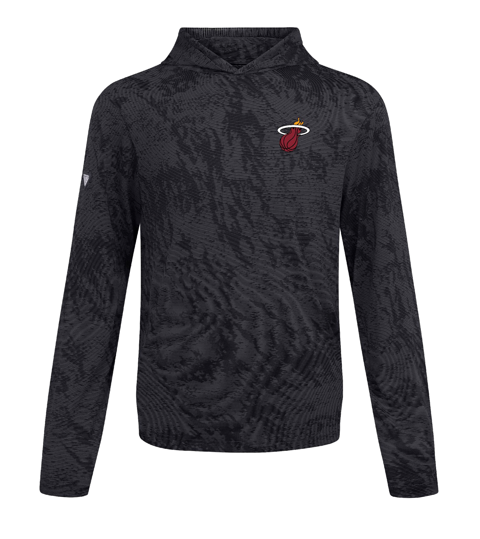 The Levelwear Miami HEAT Long Sleeve Hoodie Tee features a black and gray textured design, Miami Heat logo on the left chest, a small sleeve badge, and is made from polyester. Standard fit. Machine wash cold.