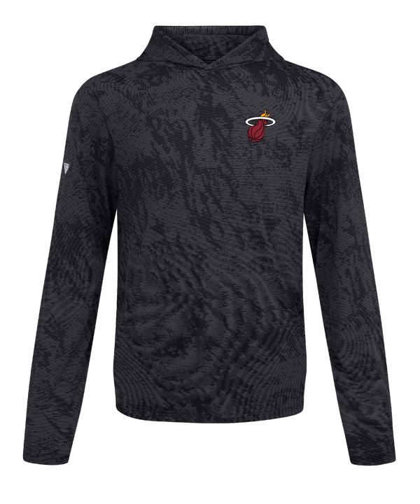 The Levelwear Miami HEAT Long Sleeve Hoodie Tee features a black and gray textured design, Miami Heat logo on the left chest, a small sleeve badge, and is made from polyester. Standard fit. Machine wash cold.