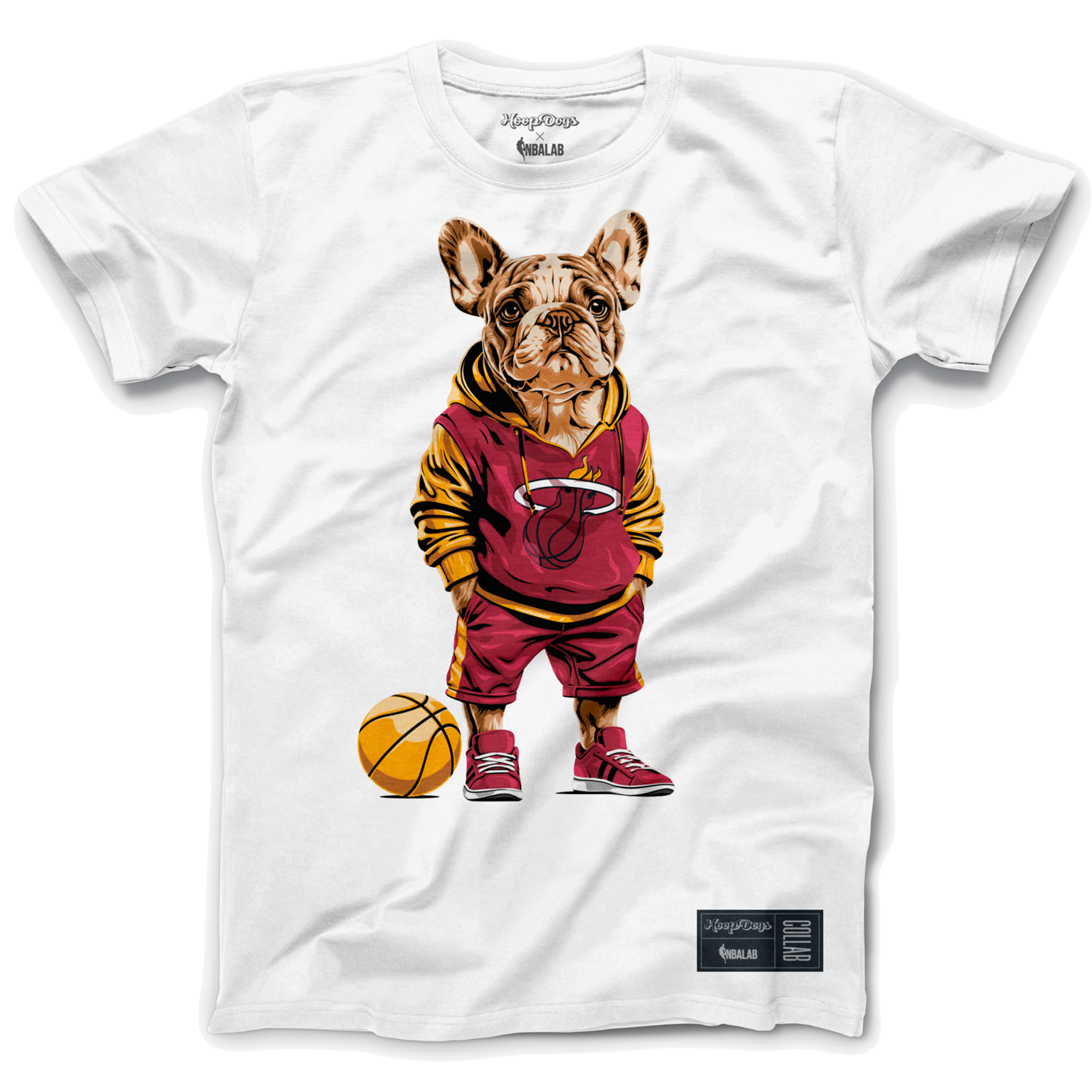 White Miami HEAT tee with cartoon French bulldog in team gear holding basketball. - Miami HEAT X Hoop Dogs Tee