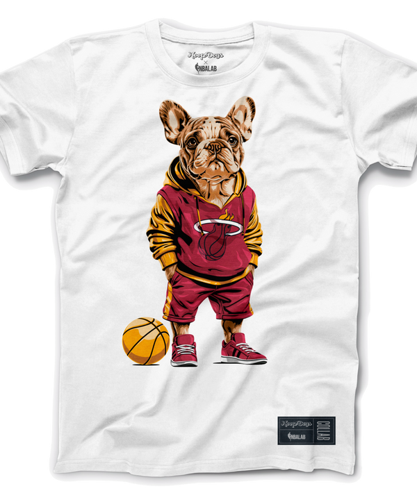 White Miami HEAT tee with cartoon French bulldog in team gear holding basketball. - Miami HEAT X Hoop Dogs Tee
