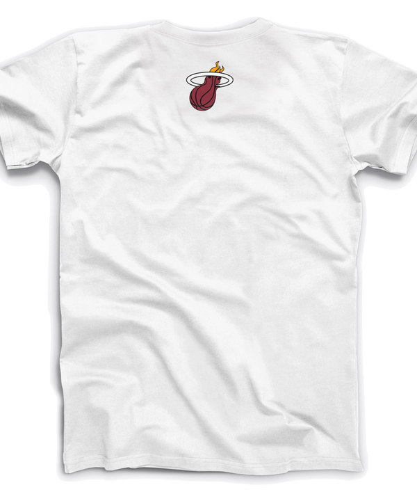White Miami HEAT tee with cartoon French bulldog in team gear holding basketball. - Miami HEAT X Hoop Dogs Tee