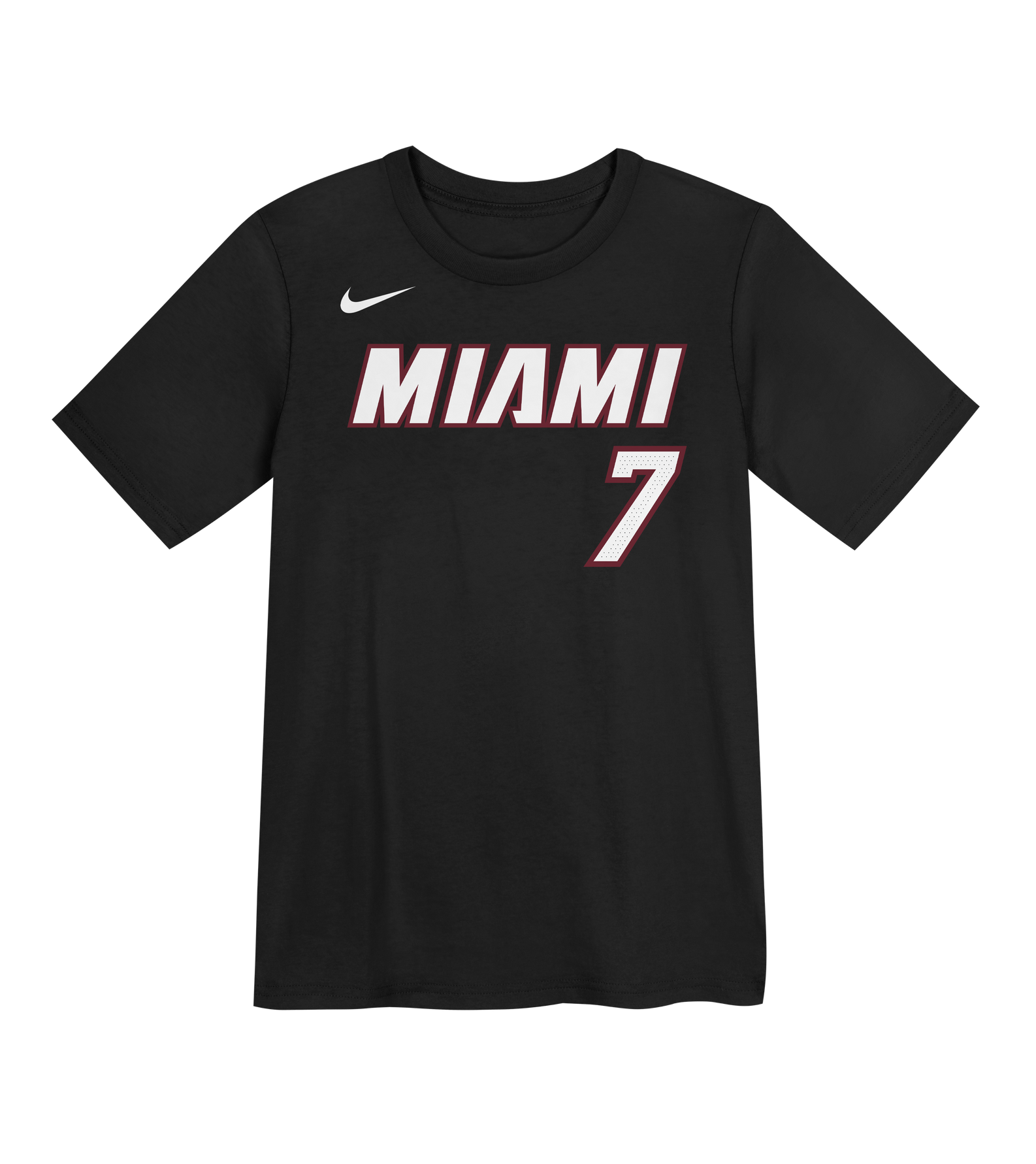 The Nike Giannis Antetokounmpo Miami HEAT Icon Black Name & Number Kids Tee features a standard fit and showcases “MIAMI” in bold white and red letters with the number 7 below on the front. Made from comfortable cotton, this tee is machine washable for easy care.