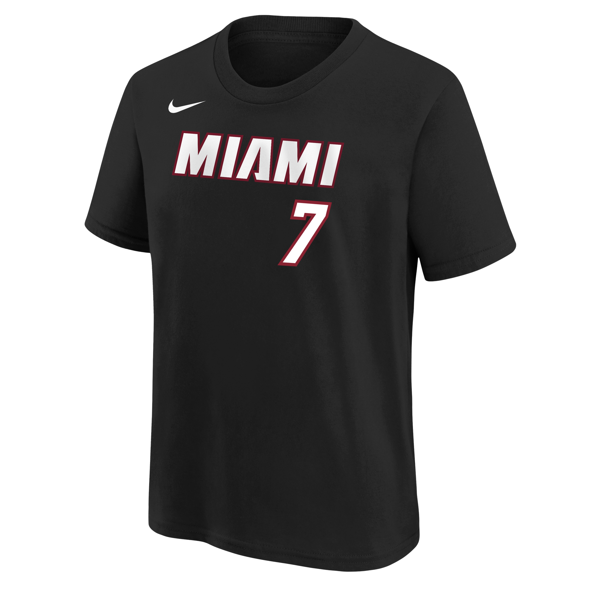 The Nike Giannis Antetokounmpo Icon Black Name & Number Youth Tee features short sleeves and MIAMI boldly printed in white and red above the number 7 on the front, along with a white Nike logo on the upper left. Made from 100% cotton with a standard fit, this tee is easy to care for—just machine wash cold.
