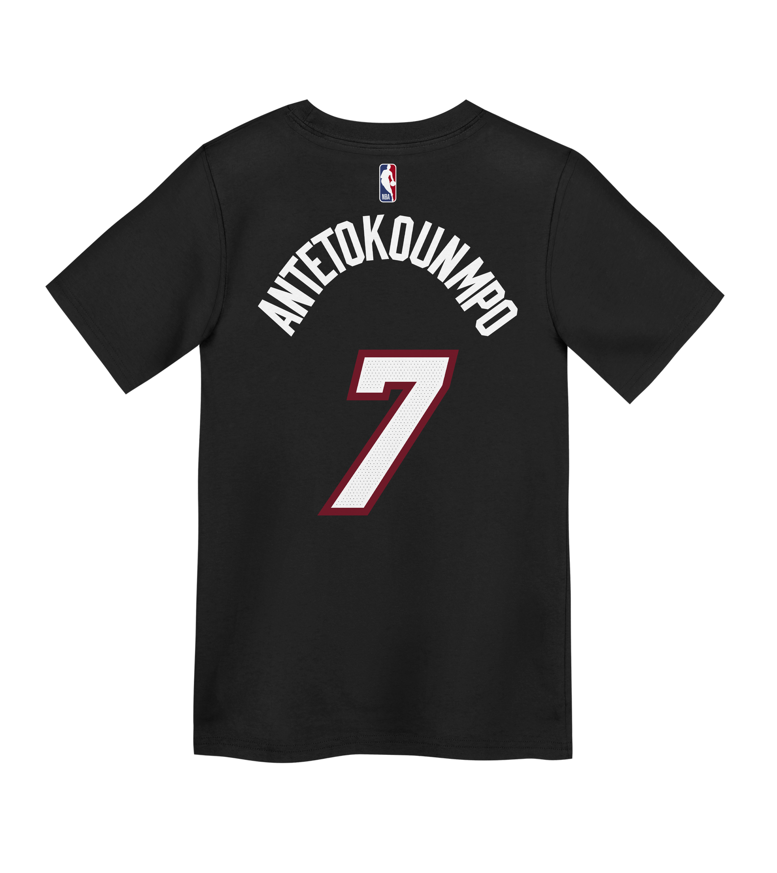 The Nike Giannis Antetokounmpo Miami HEAT Icon Black Name & Number Kids Tee features a black cotton design with “Antetokounmpo” in white lettering and a bold number 7 in large white and red outline on the back, along with an NBA logo above the name. This standard fit tee is machine washable for easy care.