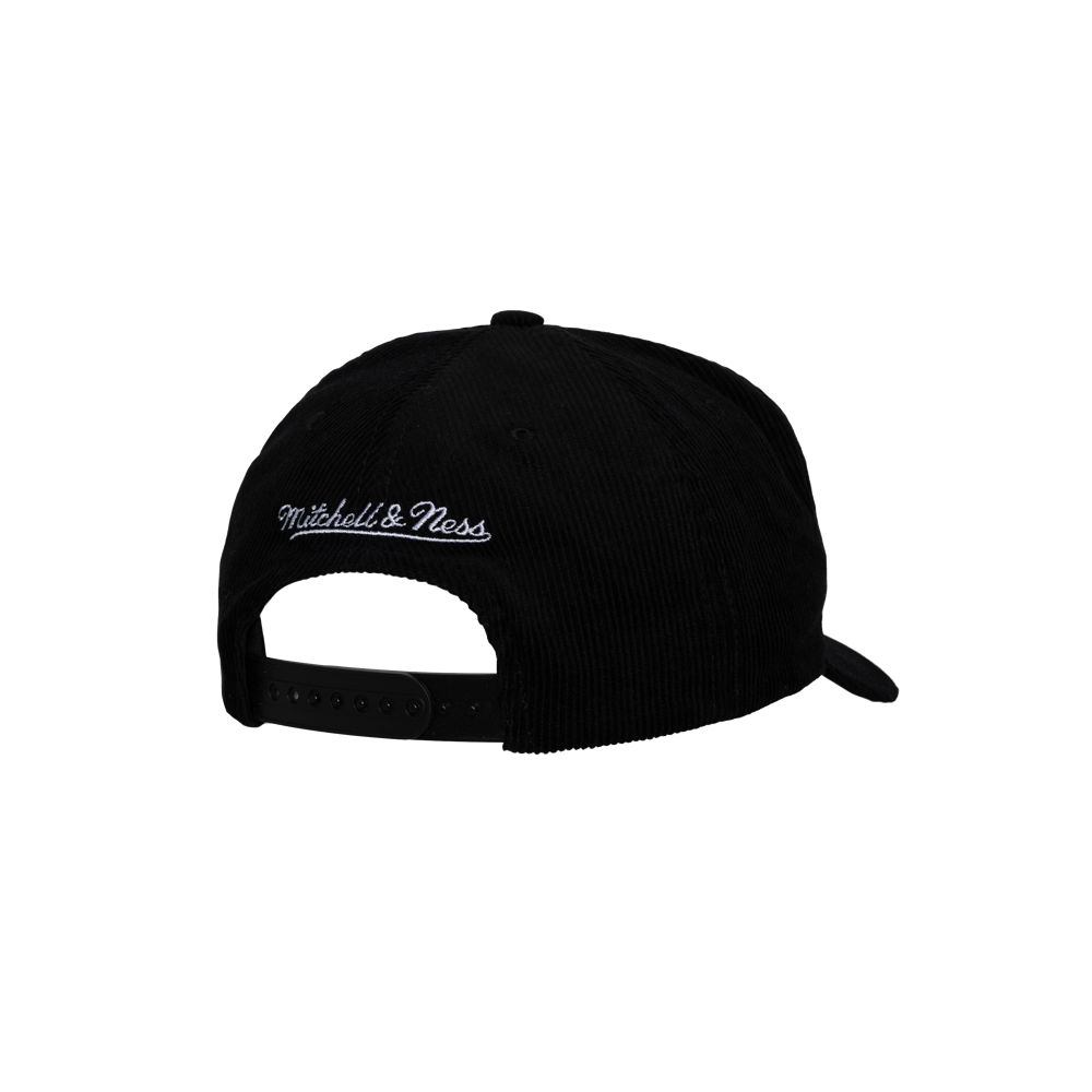 The Mitchell & Ness Miami HEAT 'I Love This Game' Snapback is a black cotton corduroy hat with an adjustable plastic snap closure and white embroidered Mitchell & Ness text. One size fits most; spot clean only.