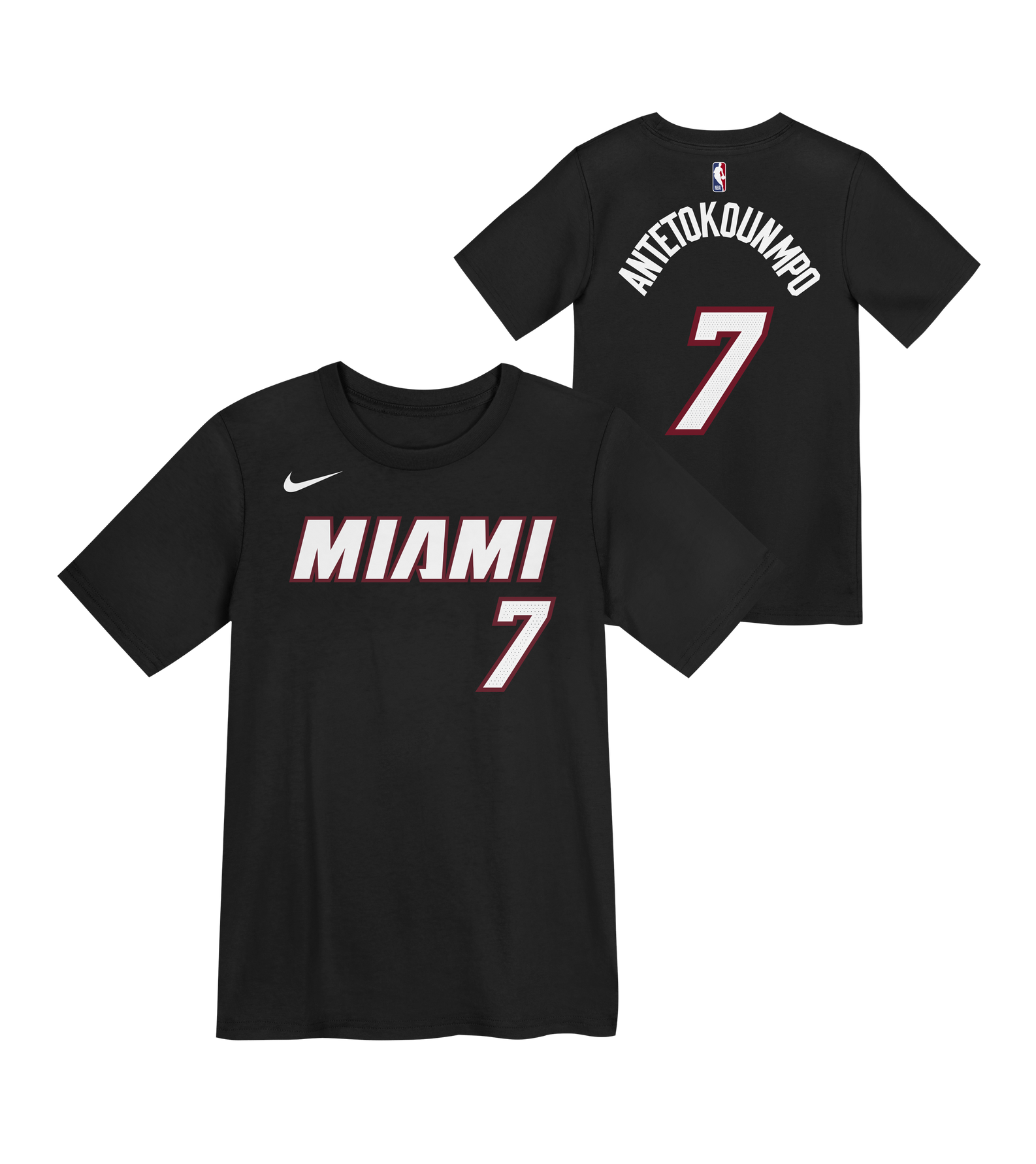 The Nike Giannis Antetokounmpo Miami HEAT Icon Black Name & Number Kids Tee features MIAMI and the number 7 on the front, with ANTETOKOUNMPO and number 7 on the back in white and red font. This standard fit cotton t-shirt displays both the Nike and NBA logos, and is machine washable for easy care.