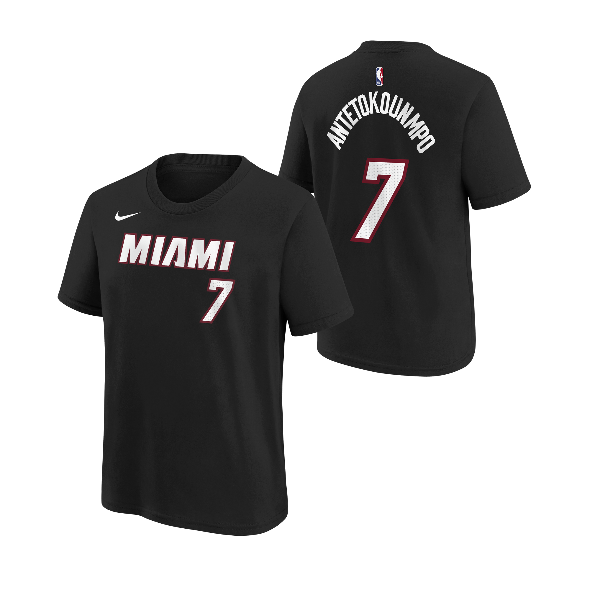 Two black Giannis Antetokounmpo Nike Icon Name & Number Youth Tees, featuring a standard fit and made from 100% cotton. These shirts display “Antetokounmpo” and number 7 on the back, with “MIAMI” and number 7 on the front. Each tee is adorned with both the Nike and NBA logos, and is easy to care for—simply machine wash cold.