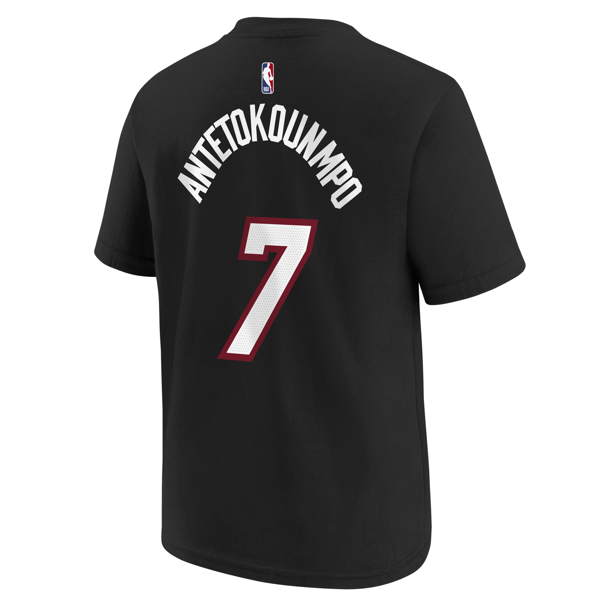The Nike Giannis Antetokounmpo Icon Black Name & Number Youth Tee features ANTETOKOUNMPO and the number 7 in white and red on the back. This black cotton t-shirt offers a standard fit, is machine washable, and includes the NBA logo at the top near the collar.