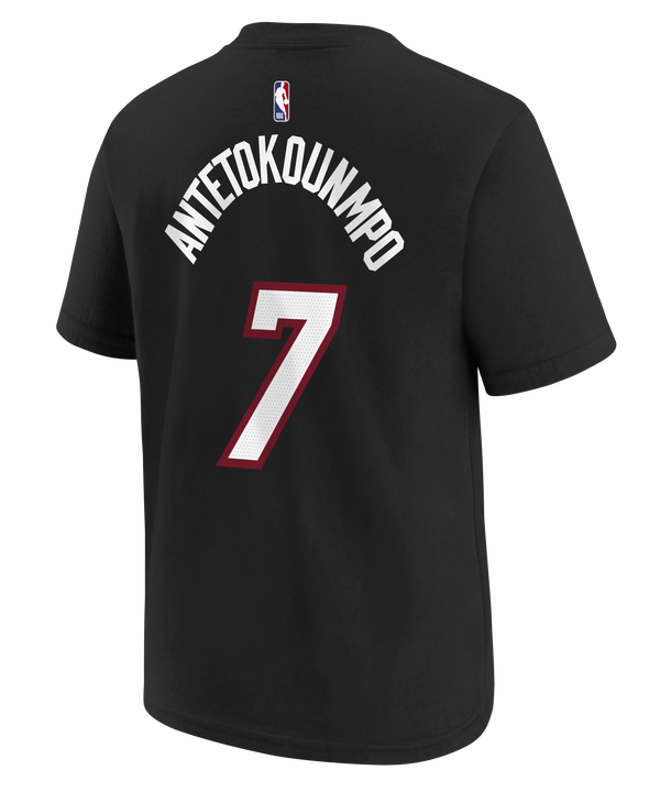 The Nike Giannis Antetokounmpo Icon Black Name & Number Youth Tee features short sleeves and MIAMI boldly printed in white and red above the number 7 on the front, along with a white Nike logo on the upper left. Made from 100% cotton with a standard fit, this tee is easy to care for—just machine wash cold.