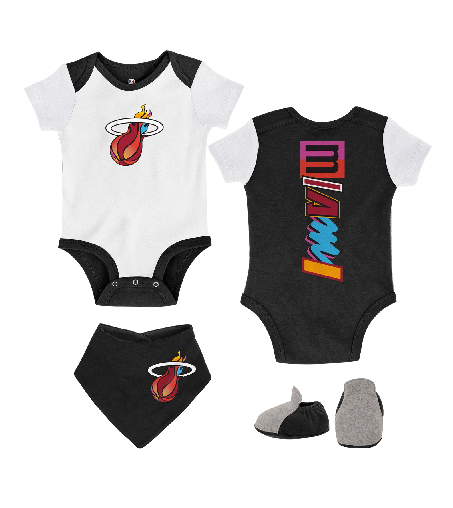 Infant black and white Miami HEAT creeper with logo, matching black bandana bib, and gray booties set. - Court Culture Miami Mashup Vol. 2 Infant Creeper/Bib/Bootie Set