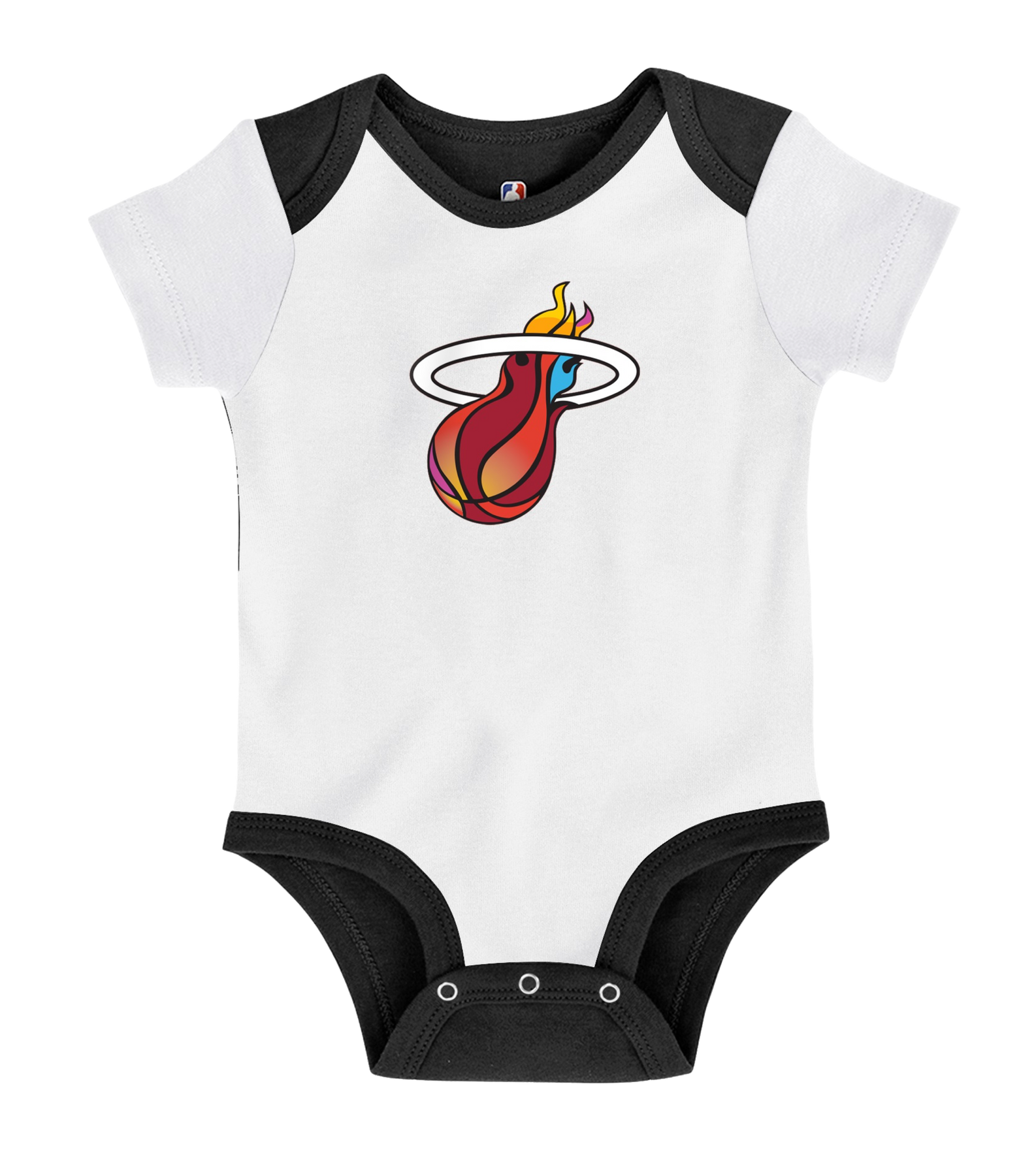 White and black infant creeper with flaming Miami HEAT basketball logo on front. - Court Culture Miami Mashup Vol. 2 Infant Creeper/Bib/Bootie Set