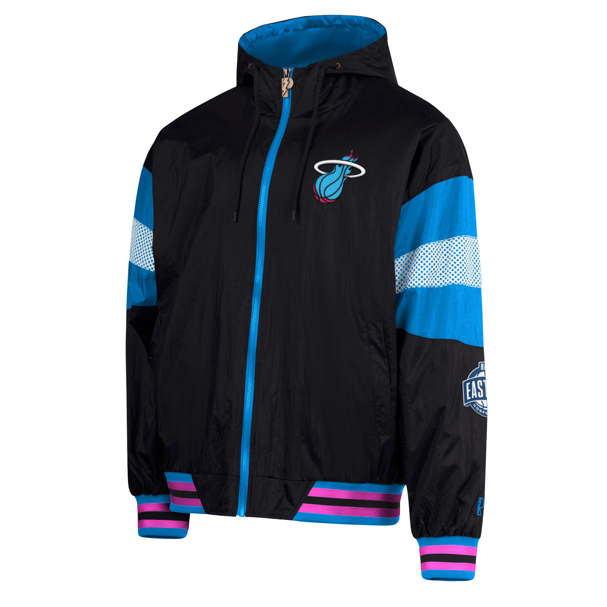 The G-III Sports Miami HEAT Original Vice Nights Legacy Jacket features a black zip-up design with blue and pink accents, white mesh stripes on the sleeves, chest logo, East patch, hood, ribbed cuffs and hem, and a polyester lining.