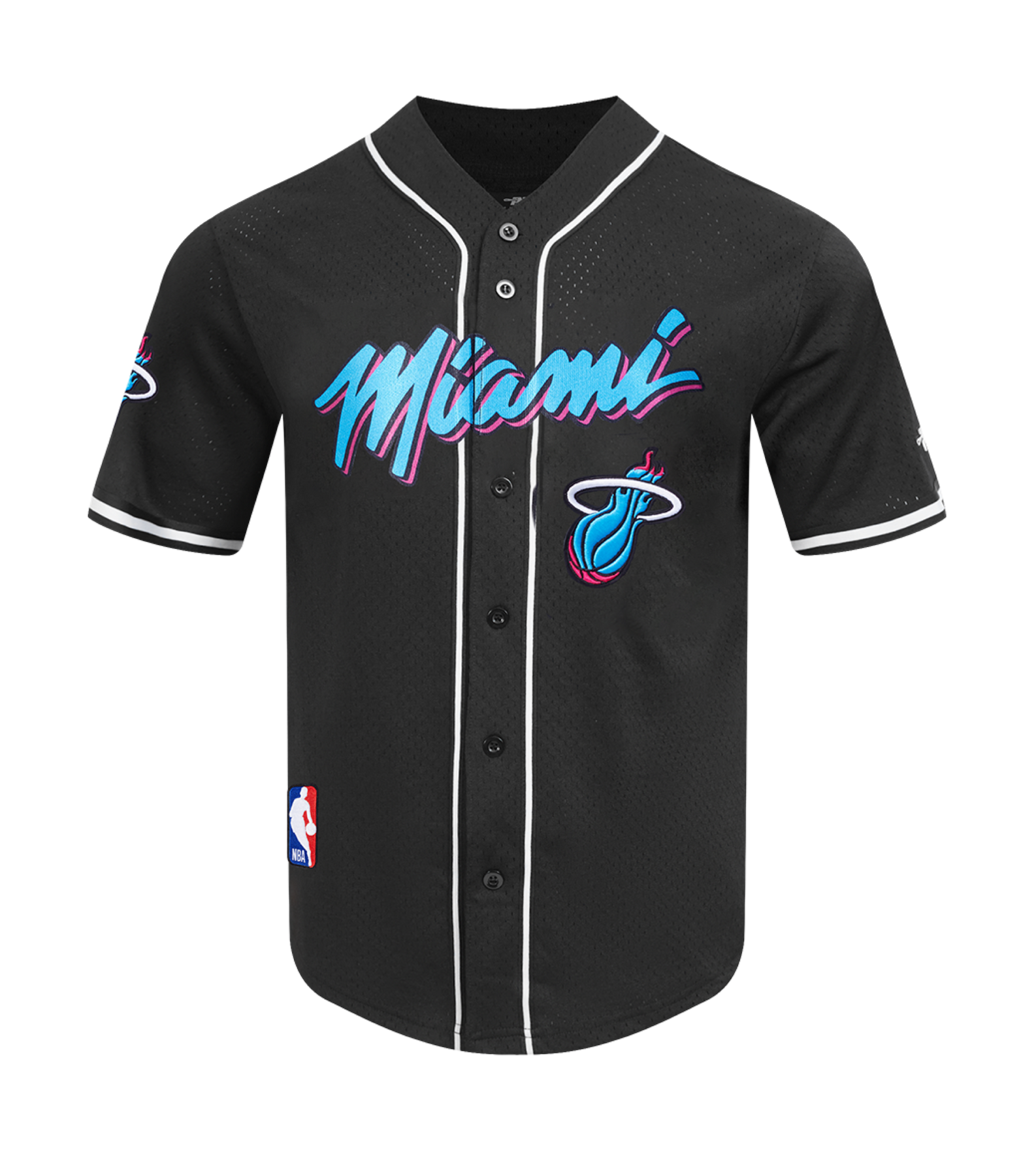 The Pro Standard Miami HEAT Original Vice Nights Baseball Jersey features “Miami” in blue and pink script, white trim, black buttons, NBA patch, and standard polyester fit. Easy care and machine washable. Brand: Pro Standard.