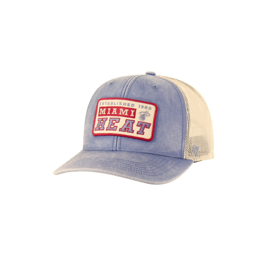 The '47 Brand Miami HEAT Original Vice Nights Canteen Snapback features a light blue cotton front, white polyester back, and a red-and-white 
