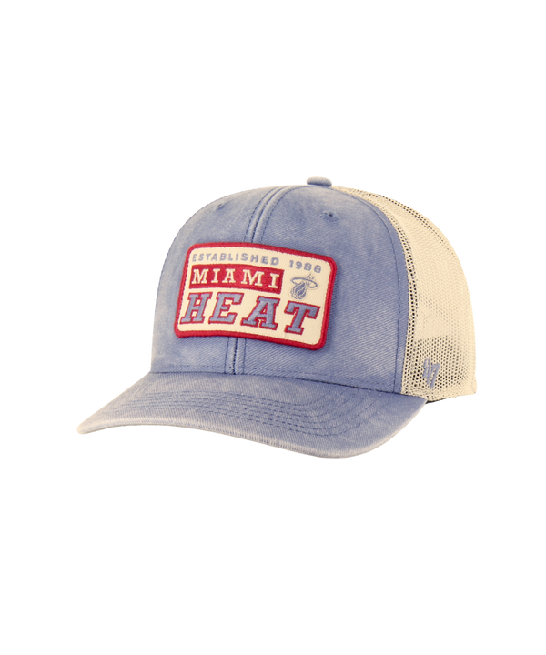 The '47 Brand Miami HEAT Original Vice Nights Canteen Snapback features a light blue cotton front, white polyester back, and a red-and-white 