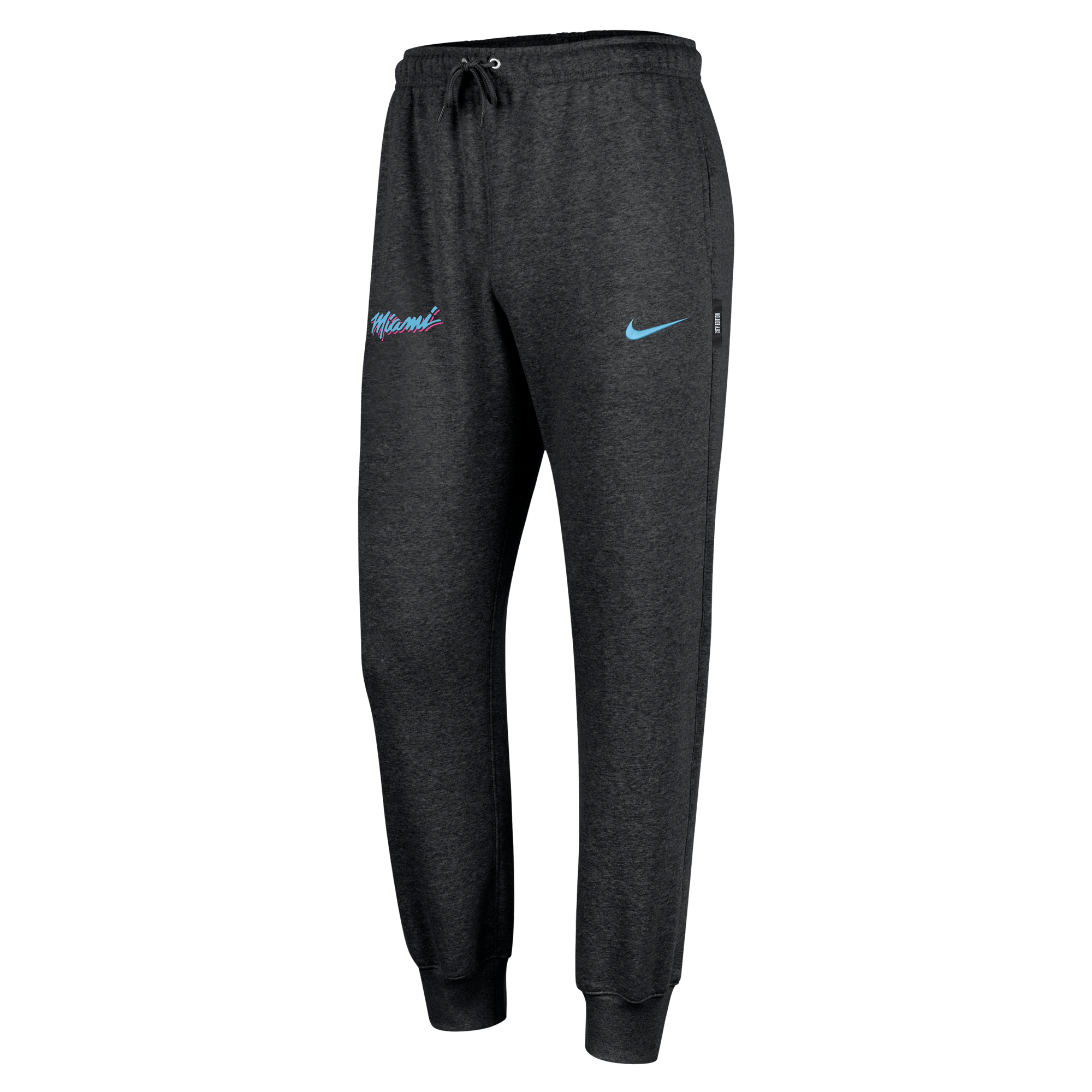 The Nike Miami HEAT Original Vice Nights Fleece Pants feature a dark gray design with a blue Nike swoosh on the right thigh and 