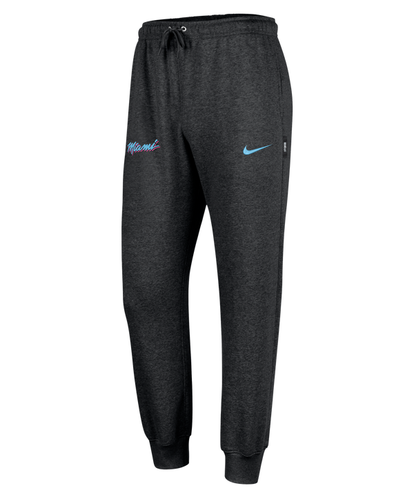 The Nike Miami HEAT Original Vice Nights Fleece Pants feature a dark gray design with a blue Nike swoosh on the right thigh and 