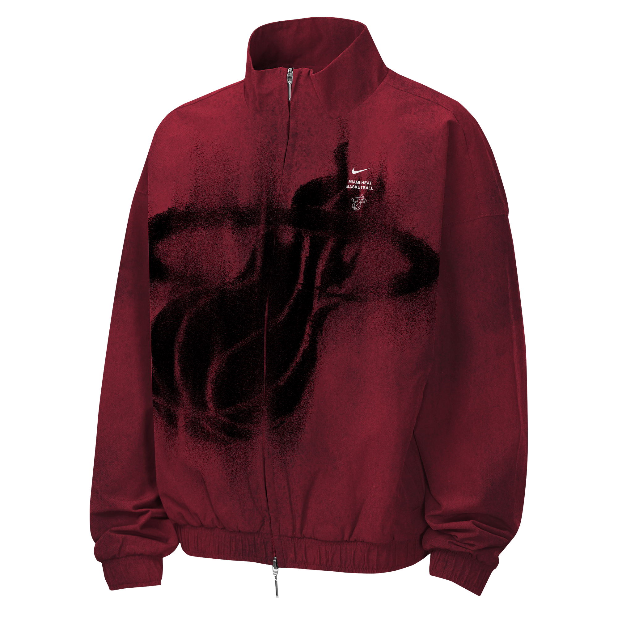 Maroon loose-fit, full-zip Nike Miami HEAT Standard Issue Loud Woven Youth Jacket featuring a large black spray-paint style basketball graphic on the front, with a small team logo and text on the upper chest.