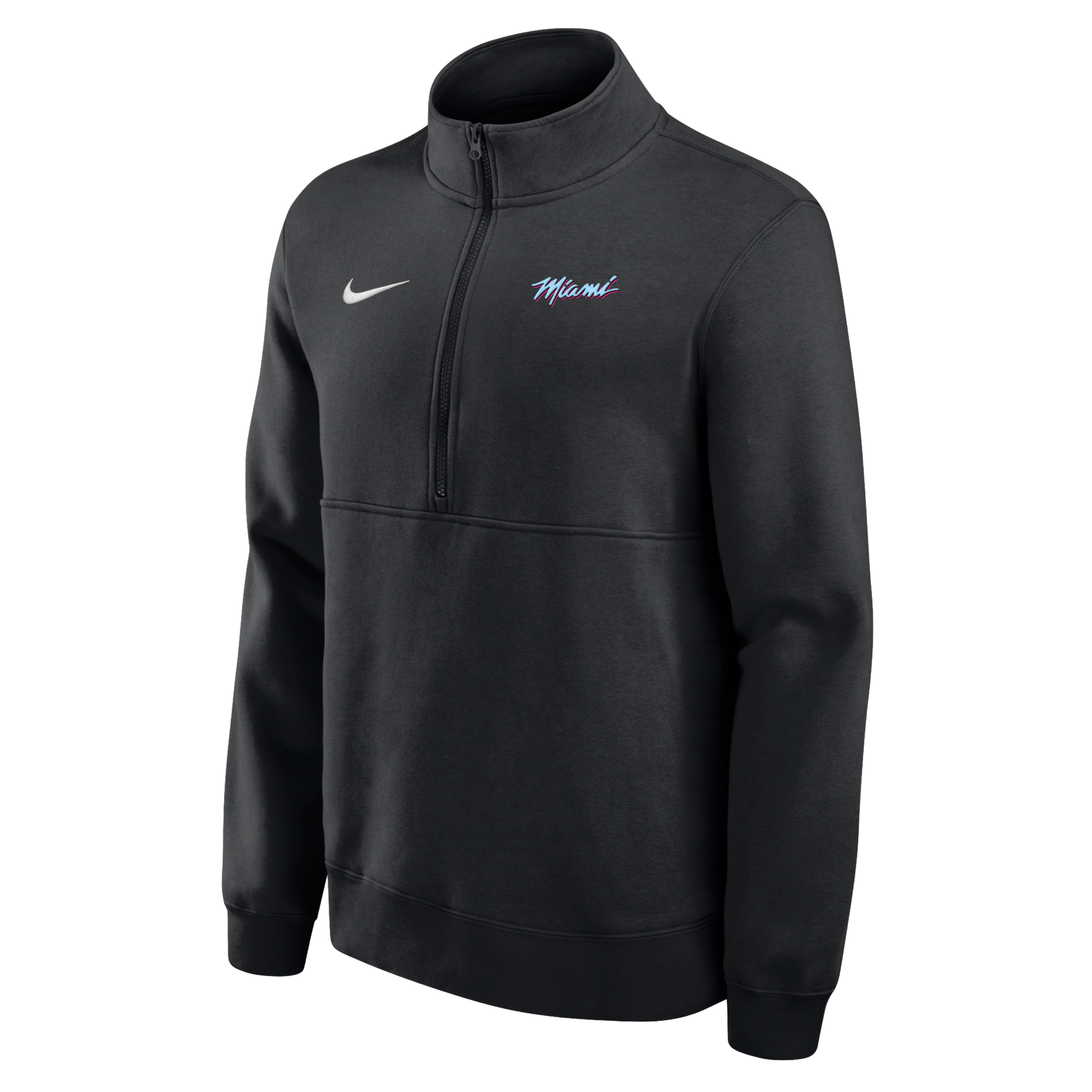 The Nike Miami HEAT Original Vice Nights 1/2 Zip Fleece Jacket is a black, cotton-blend pullover with “Miami” in blue and pink script, a white Nike swoosh, high collar, ribbed cuffs, and standard fit. Wash with like colors.