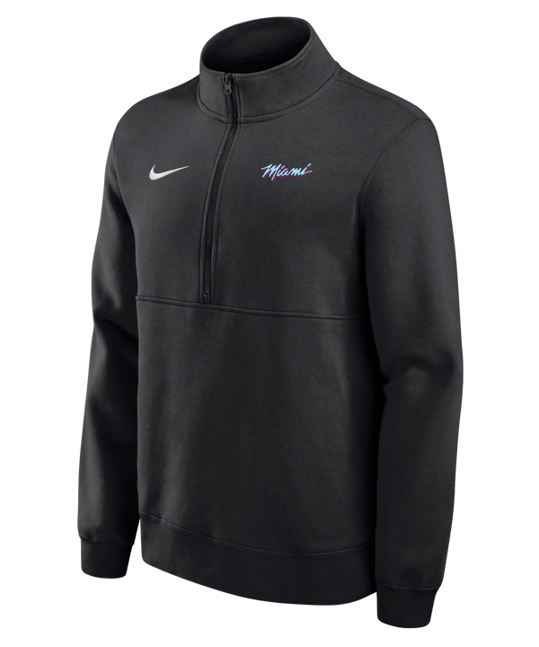 The Nike Miami HEAT Original Vice Nights 1/2 Zip Fleece Jacket is a black, cotton-blend pullover with “Miami” in blue and pink script, a white Nike swoosh, high collar, ribbed cuffs, and standard fit. Wash with like colors.