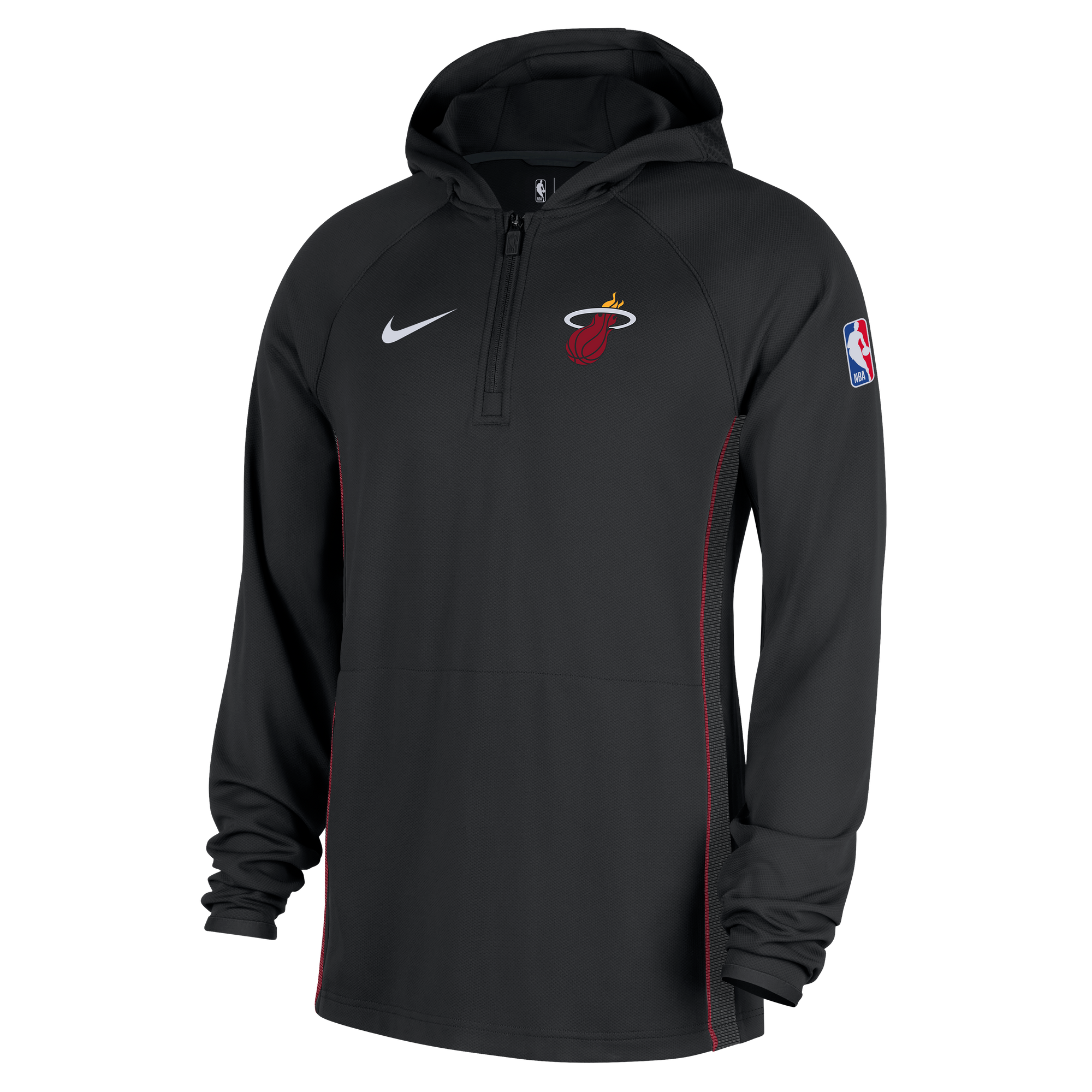 The Nike Miami HEAT On-Court 1/4 Zip Hoodie features a black polyester build, long sleeves, team logo on the chest, NBA patch on the sleeve, white Nike swoosh, quarter-zip design, standard fit, and subtle red stitching.