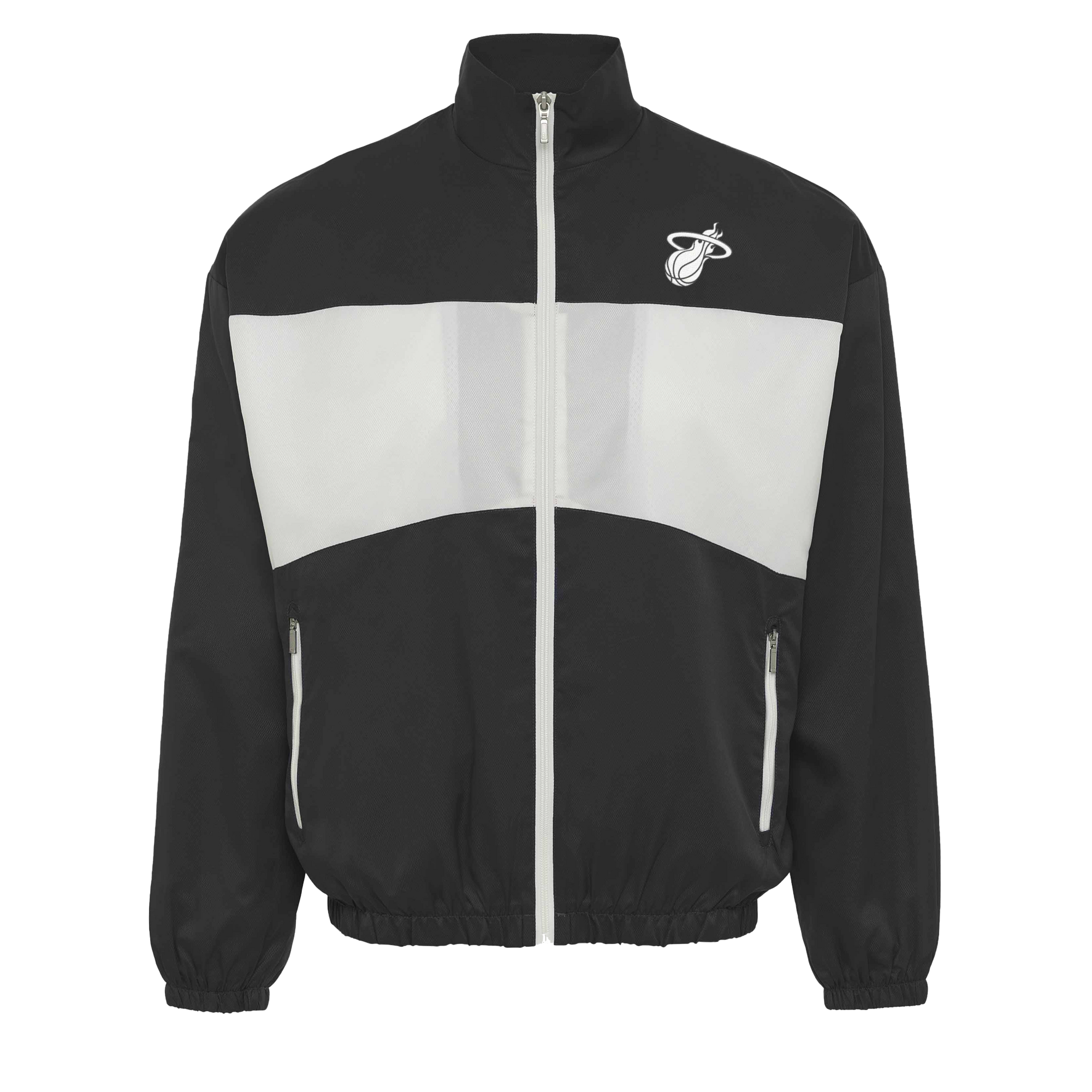 The Sportiqe Miami HEAT Basketball Club Jacket by Sportiqe is a black polyester track jacket with a white chest stripe, white zipper, two zippered pockets, and a white Miami Heat logo on the left chest. Machine wash cold.