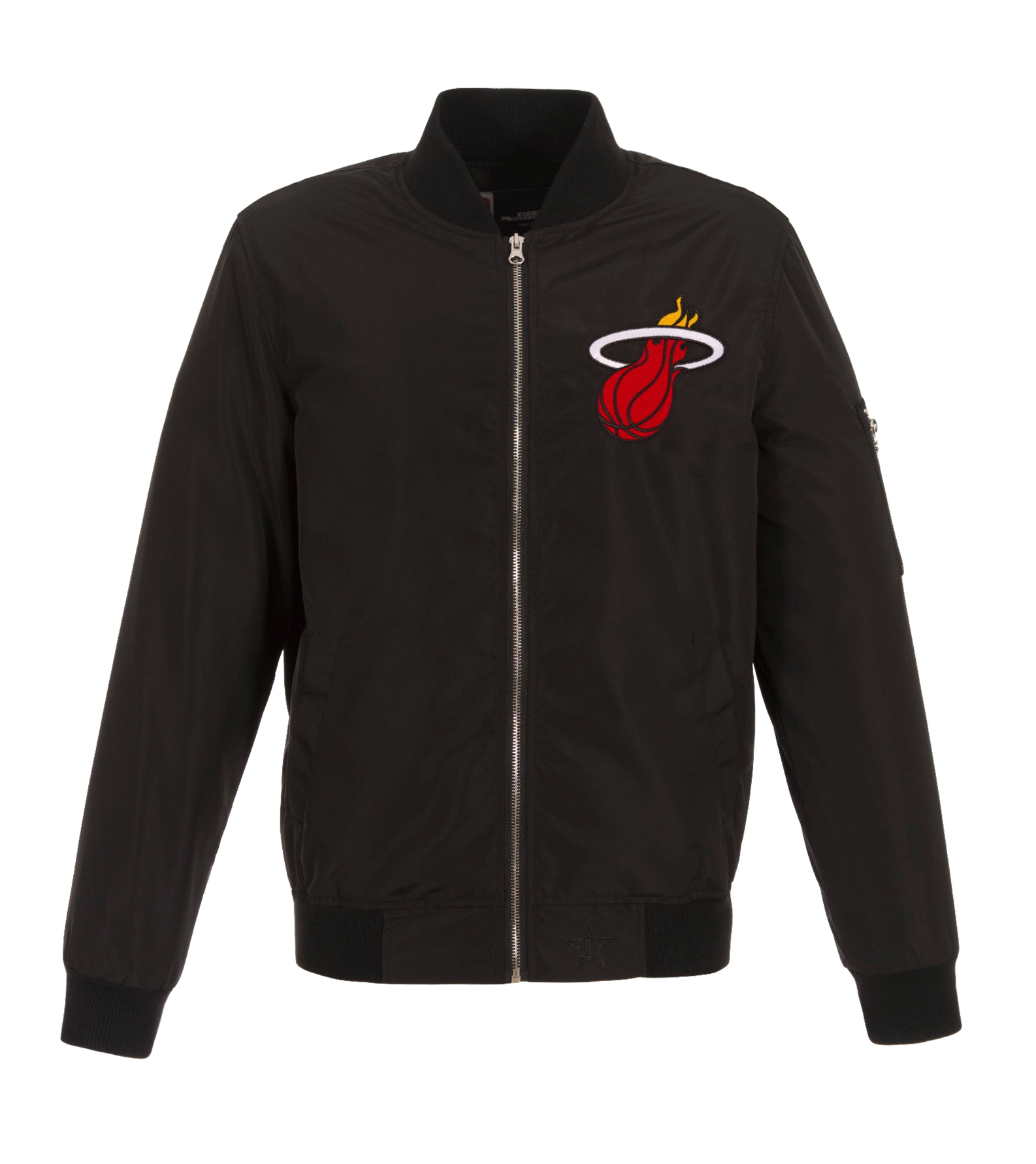 The JH Designs Miami HEAT Nylon Bomber Jacket is a black zip-front nylon jacket with rib knit collar and cuffs, plus a large embroidered Miami Heat logo on the left chest.