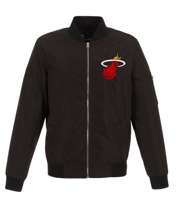 The JH Designs Miami HEAT Nylon Bomber Jacket is a black zip-front nylon jacket with rib knit collar and cuffs, plus a large embroidered Miami Heat logo on the left chest.