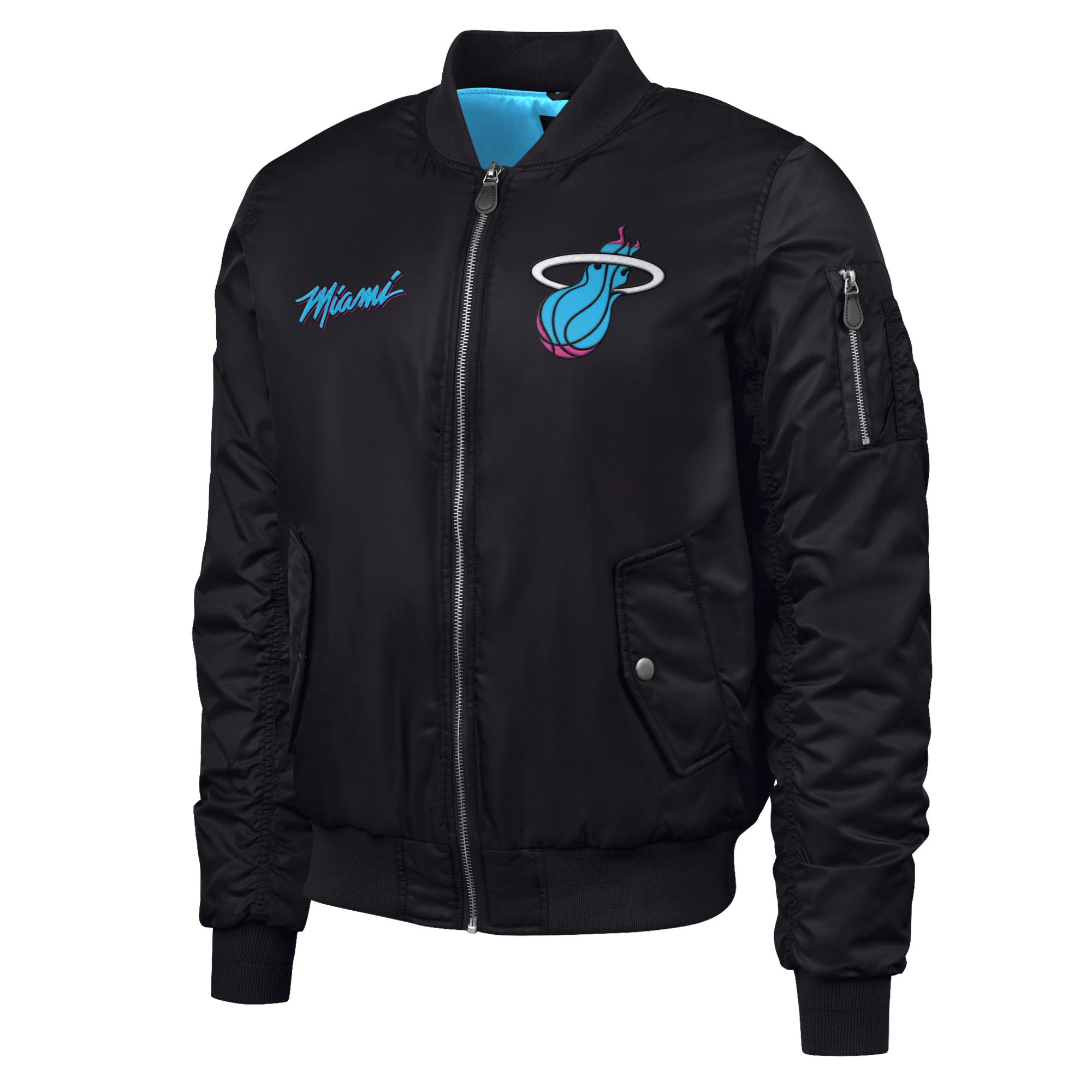 The G-III Sports Miami HEAT Original Vice Nights Aviator Jacket is a men's black bomber in size L, featuring blue Miami script, flaming basketball logo, zippered sleeve pocket, light blue lining; polyester standard fit. Machine wash cold.