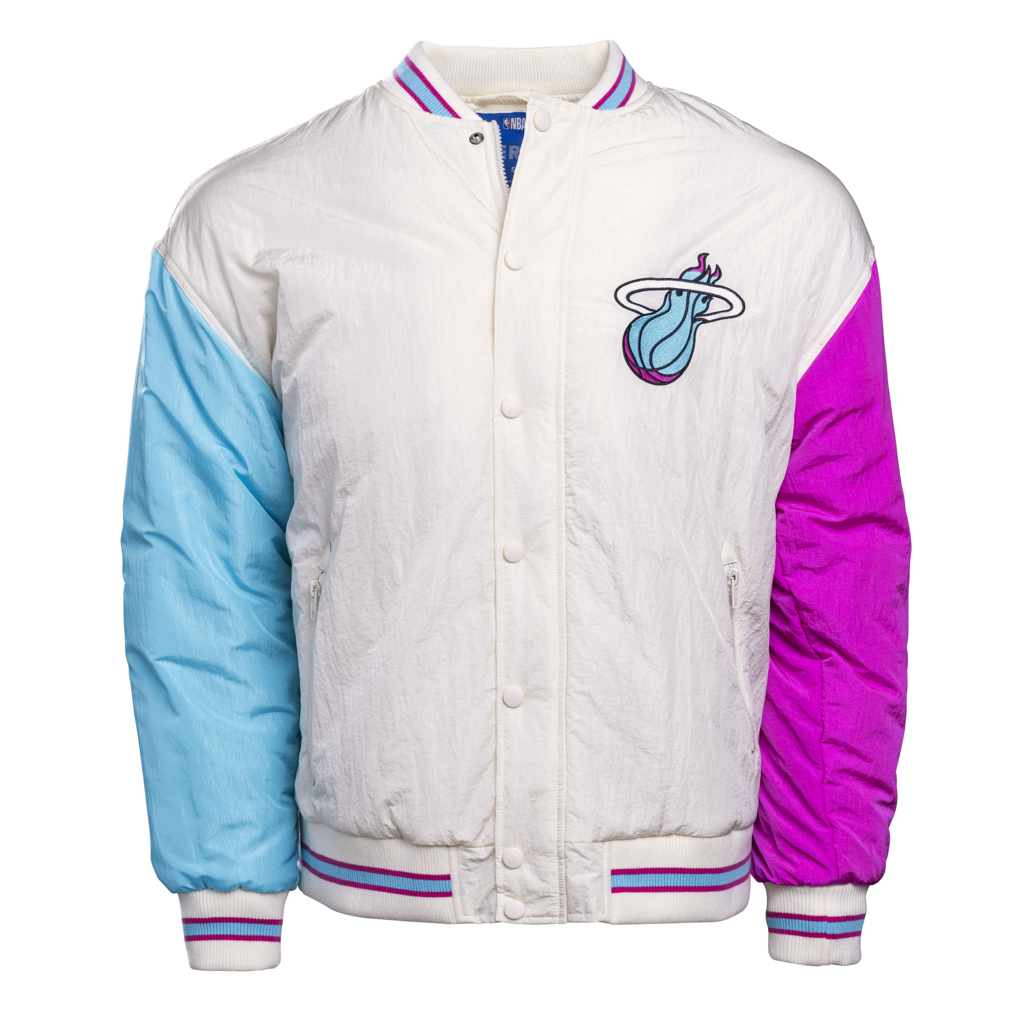 The Court Culture X Terez Original Vice Nights Unisex Bomber Jacket features a white nylon shell, Miami Heat logo, snap buttons, light blue left sleeve, bright pink right sleeve, and striped pink, purple & white cuffs and collar.