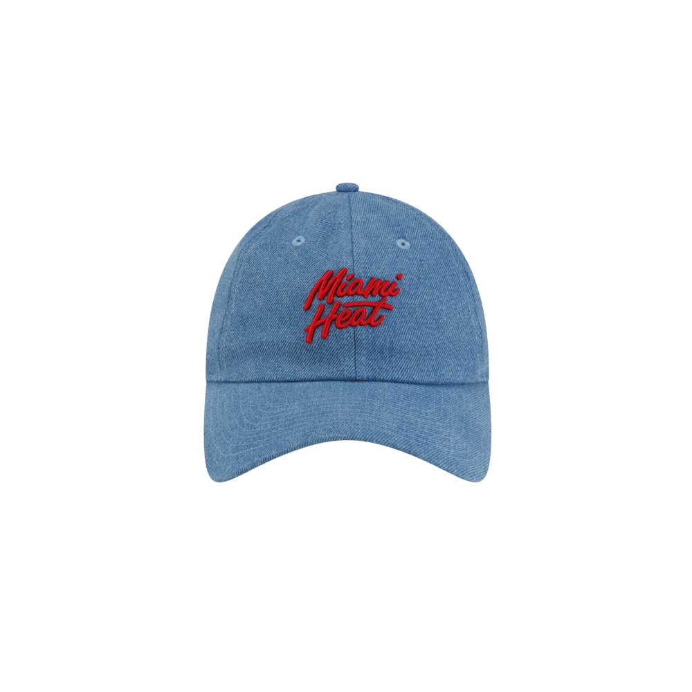 Court Culture x New Era Retro Denim Dad Hat, a blue denim baseball cap with Miami Heat embroidered in red script on the front and a one-size-fits-most design.