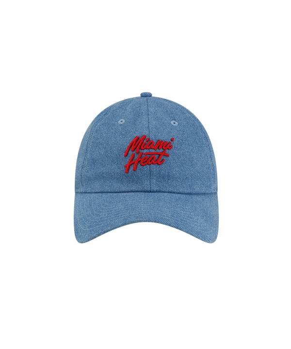 Court Culture x New Era Retro Denim Dad Cap in blue denim, featuring Miami Heat embroidered in red script on the front in a one-size-fits-most cotton style.