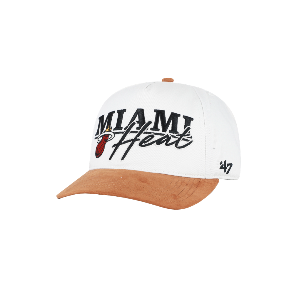 The ’47 Brand Miami HEAT Scribble Line Snapback is a white baseball cap with a brown suede brim, expertly crafted from soft cotton and durable polyester. It features the Miami Heat’s logo and name embroidered in black and orange on the front, while the number 47 is stitched on the left side.