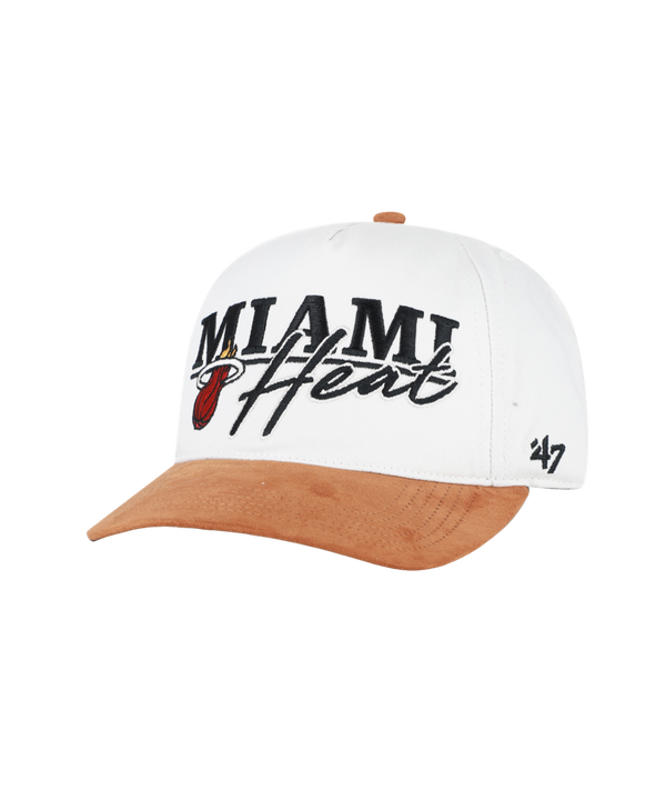 The ’47 Brand Miami HEAT Scribble Line Snapback is a white baseball cap with a brown suede brim, expertly crafted from soft cotton and durable polyester. It features the Miami Heat’s logo and name embroidered in black and orange on the front, while the number 47 is stitched on the left side.