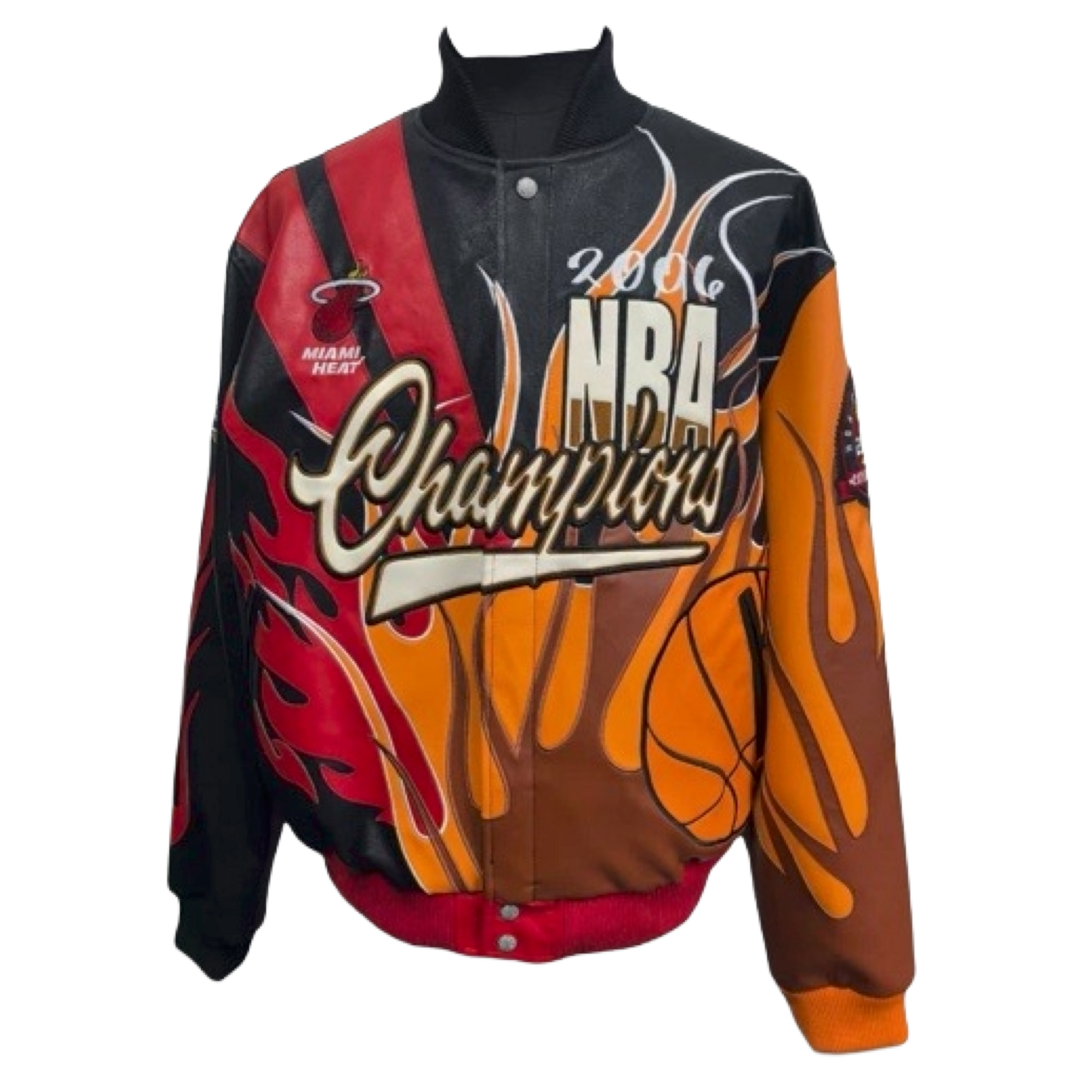Celebrate the Miami HEAT NBA title in style with the Court Culture Miami HEAT x Jeff Hamilton 2006 Championship Legacy Jacket, featuring bold flame designs and “2006 NBA Champions” graphics in red, orange, yellow, and black.