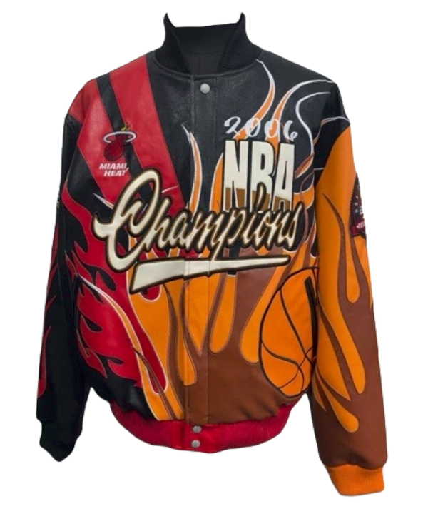Celebrate the Miami HEAT NBA title in style with the Court Culture Miami HEAT x Jeff Hamilton 2006 Championship Legacy Jacket, featuring bold flame designs and “2006 NBA Champions” graphics in red, orange, yellow, and black.