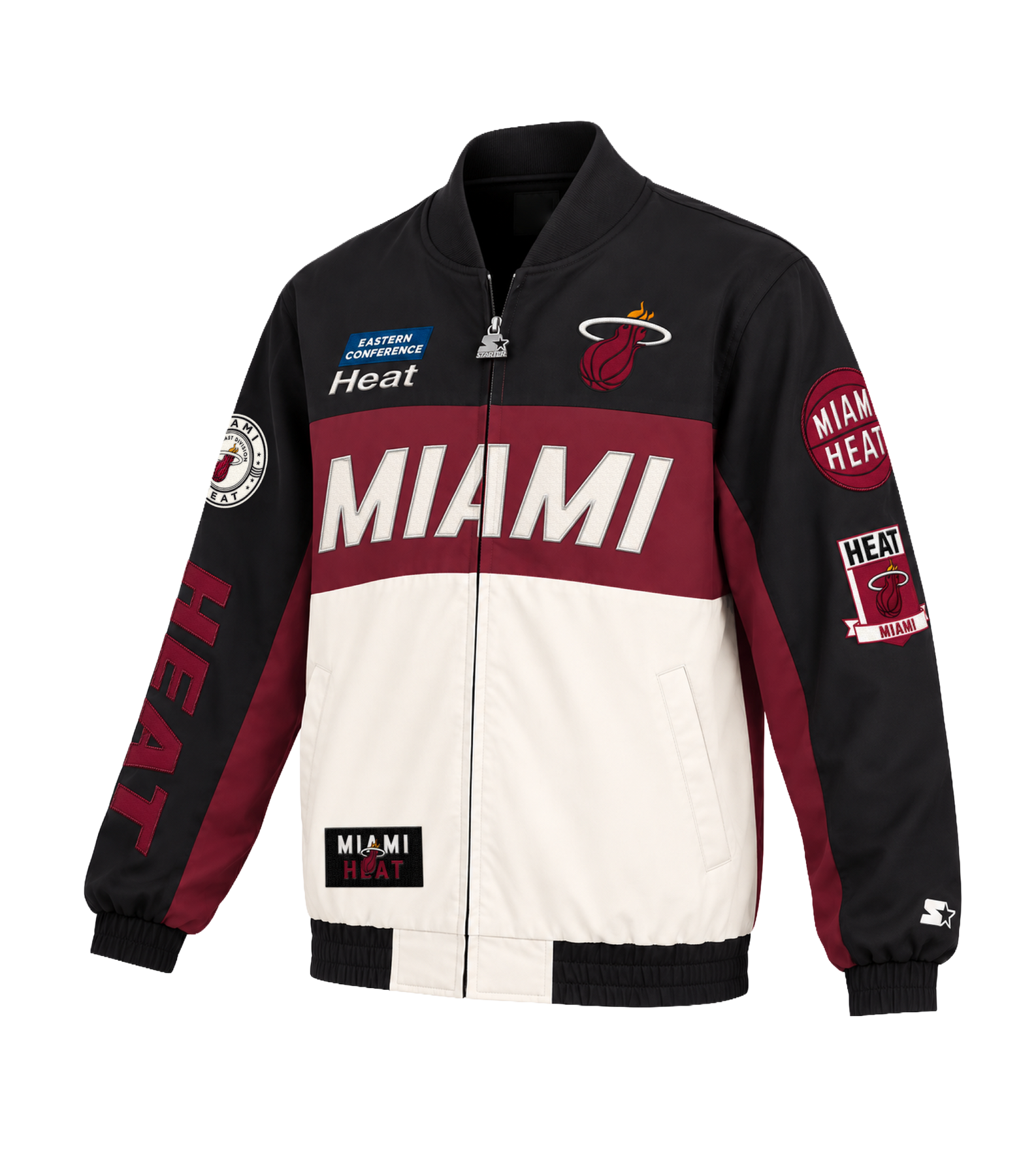 G-III Miami HEAT Racer Zip-Up Jacket in black, burgundy, and white, featuring team logos, basketball graphics, MIAMI text across the chest, and a polyester lining.