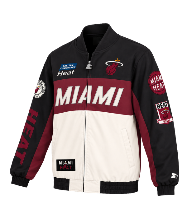 G-III Miami HEAT Racer Zip-Up Jacket in black, burgundy, and white, featuring team logos, basketball graphics, MIAMI text across the chest, and a polyester lining.