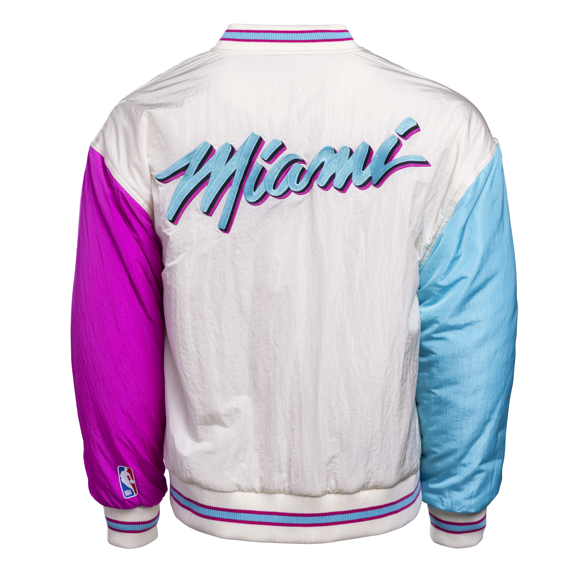 The Court Culture X Terez Original Vice Nights Unisex Bomber Jacket by Court Culture features a standard fit, mostly white body, purple and light blue sleeves, Miami script on the back, and pink, blue, and white striped cuffs and collar.