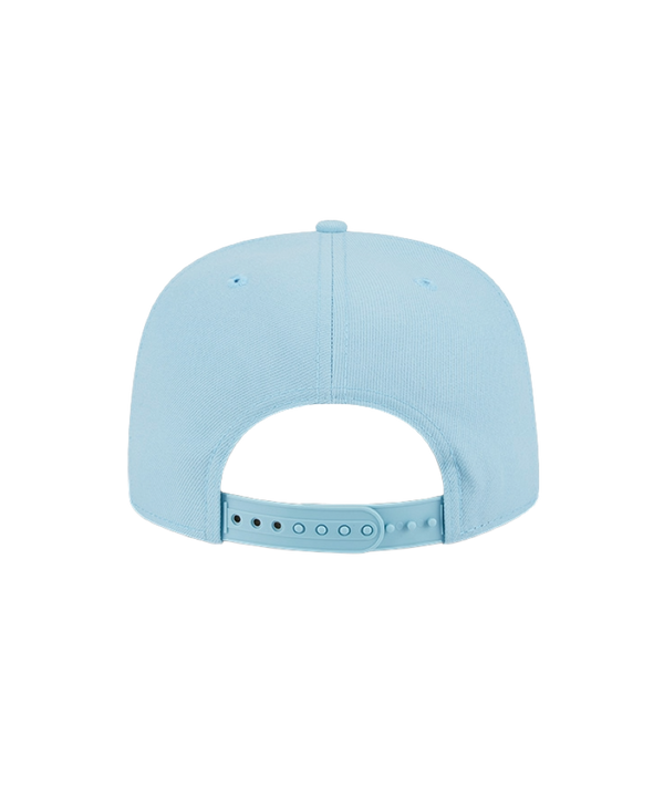 The New Era Miami HEAT Light Blue Color Pack Snapback features a light blue polyester A-Frame design with an embroidered Miami Heat logo. One size fits most. Spot clean only. Brand: New Era. Displayed on a plain white background.