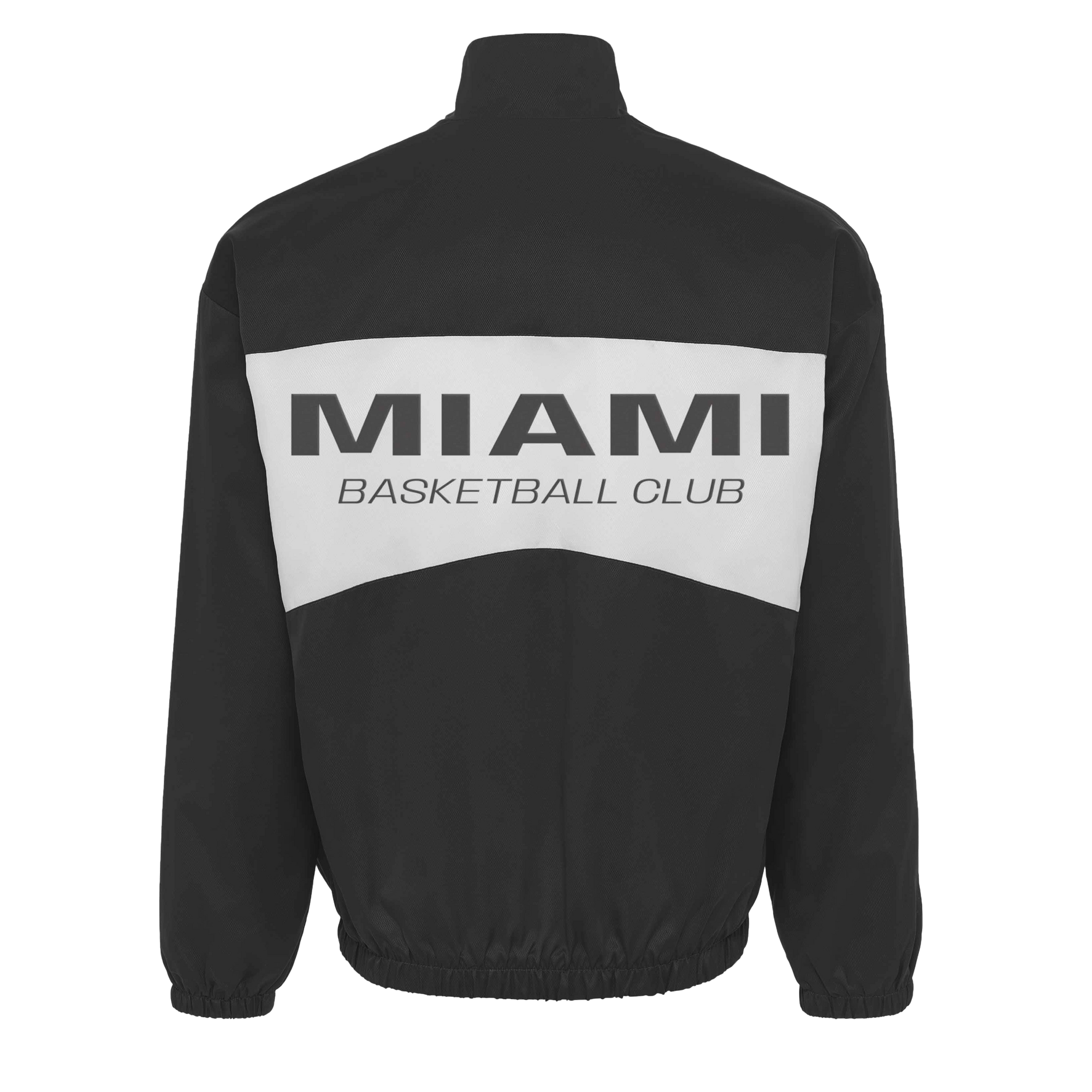 The Sportiqe Miami HEAT Basketball Club Jacket by Sportiqe features a black polyester shell, a white horizontal stripe on the back, and bold black 
