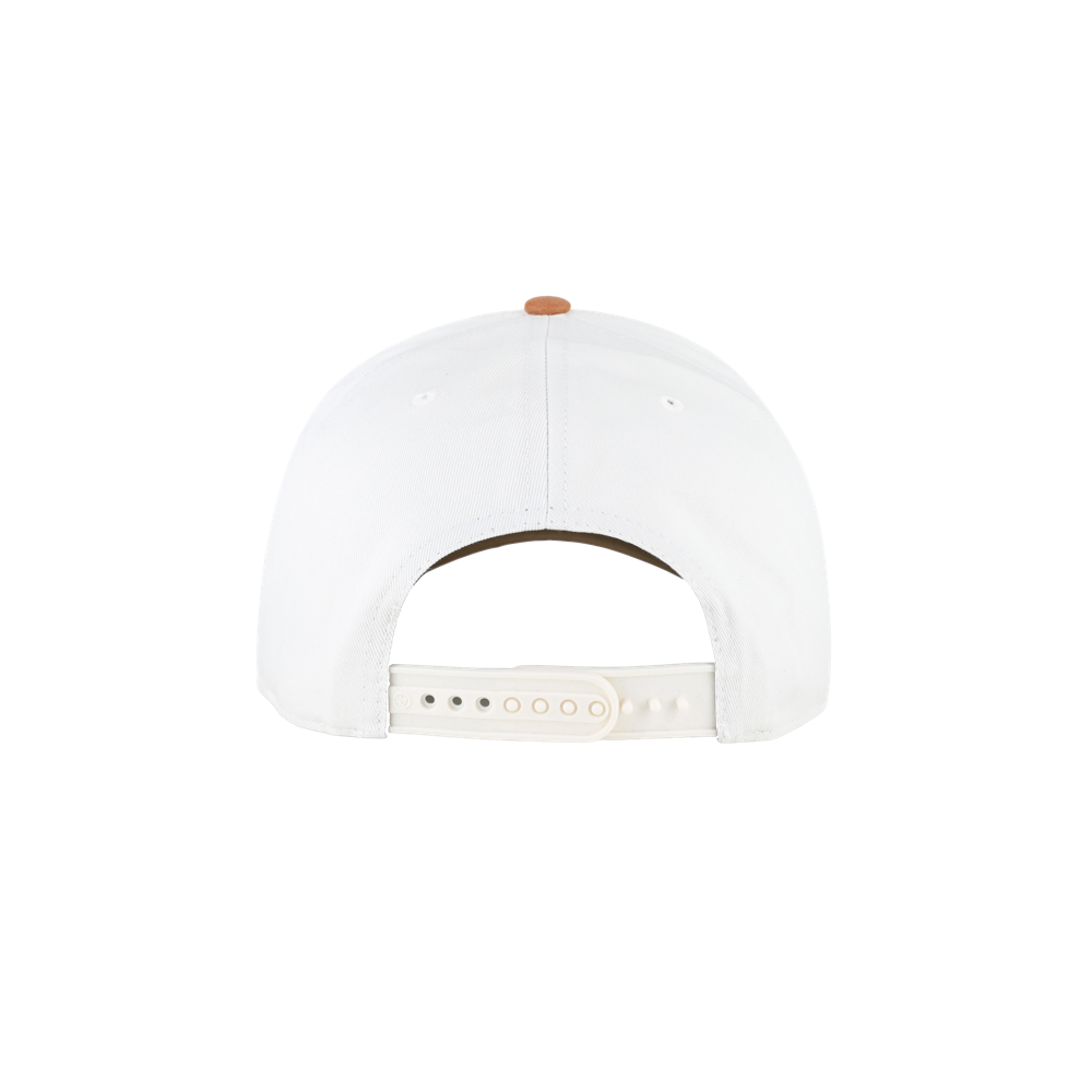 A rear view of the ’47 Brand Miami HEAT Scribble Line Snapback showcases its ivory white color, adjustable snapback closure, small brown top button, and comfortable cotton-polyester blend construction.