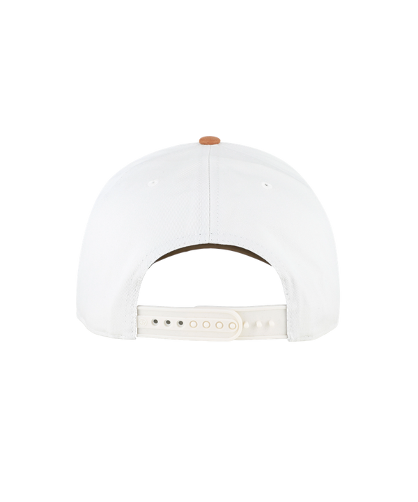 The ’47 Brand Miami HEAT Scribble Line Snapback is a white baseball cap with a brown suede brim, expertly crafted from soft cotton and durable polyester. It features the Miami Heat’s logo and name embroidered in black and orange on the front, while the number 47 is stitched on the left side.