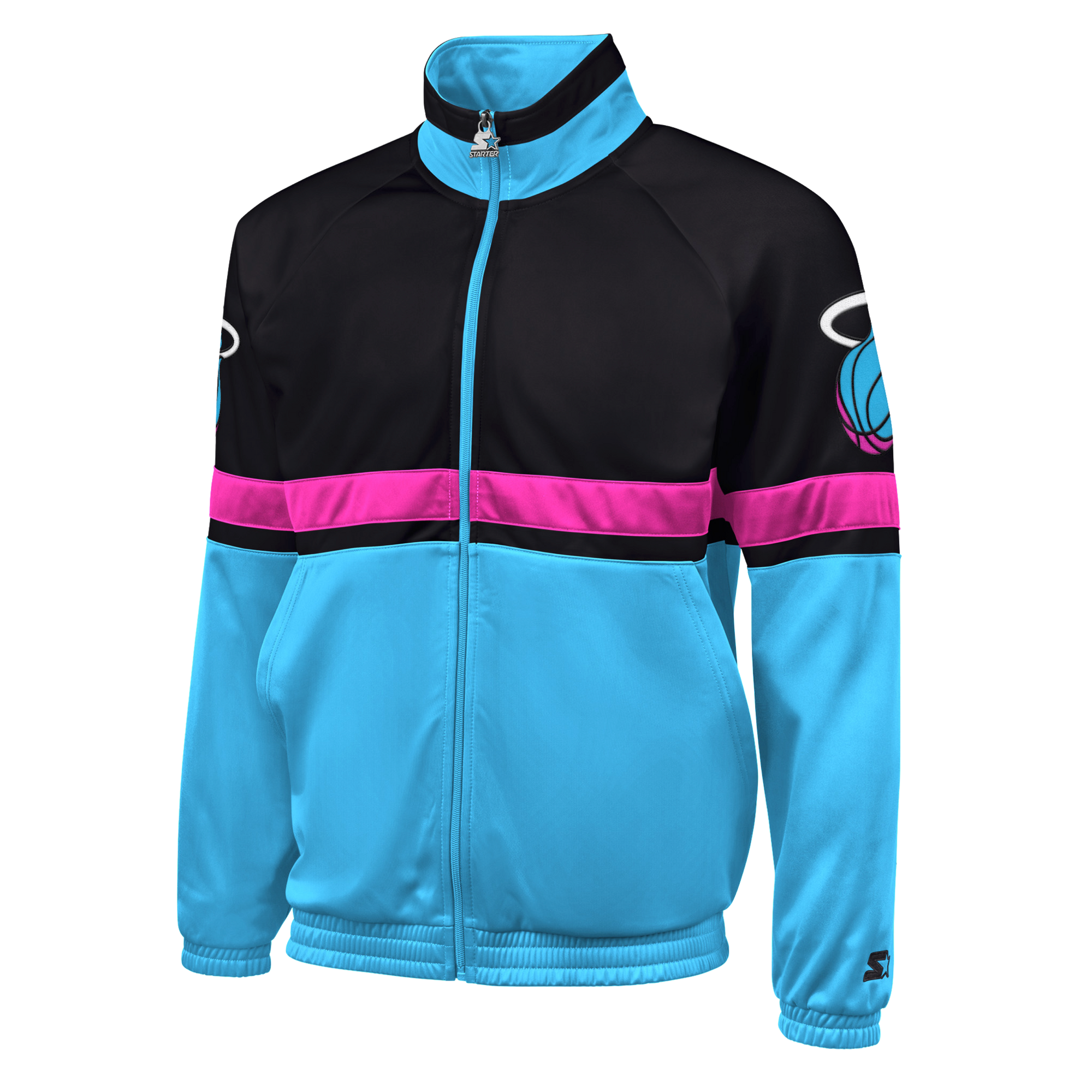 The G-III Sports Miami HEAT Original Vice Nights Track Jacket features a black upper, pink stripe, light blue lower half and sleeves, front zipper, and flaming basketball logo. Available in men's large.