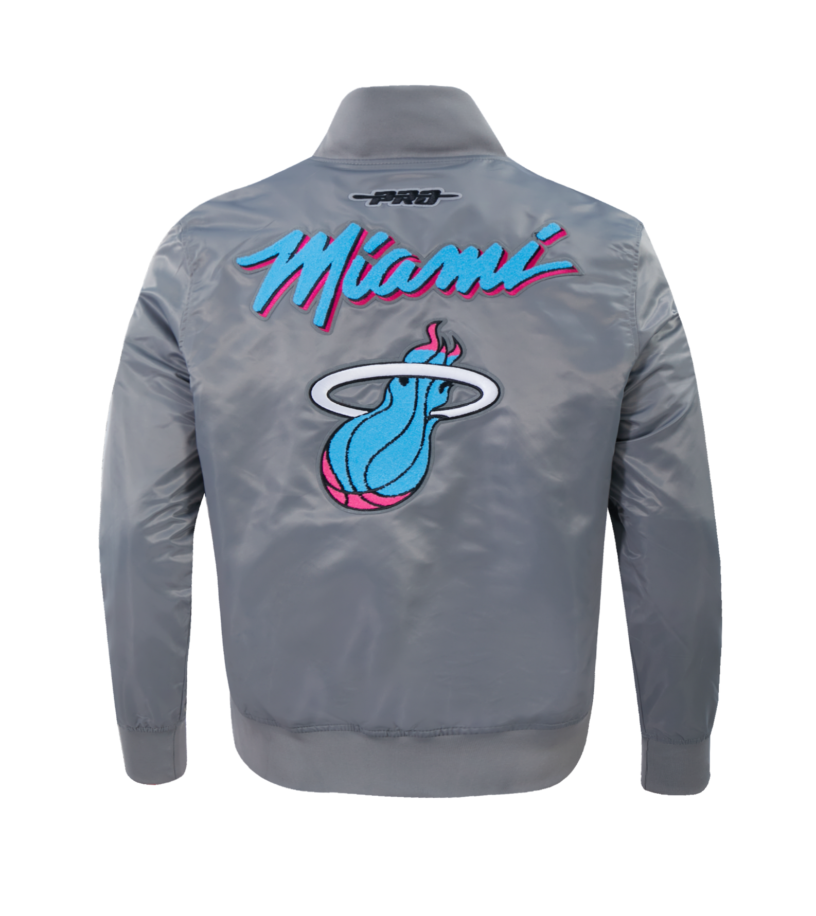 The Pro Standard Miami HEAT Original Vice Nights Satin Jacket is a gray polyester jacket featuring “Miami” in bright blue and pink script above a stylized blue and pink flaming basketball logo with a white halo; standard fit, machine washable.