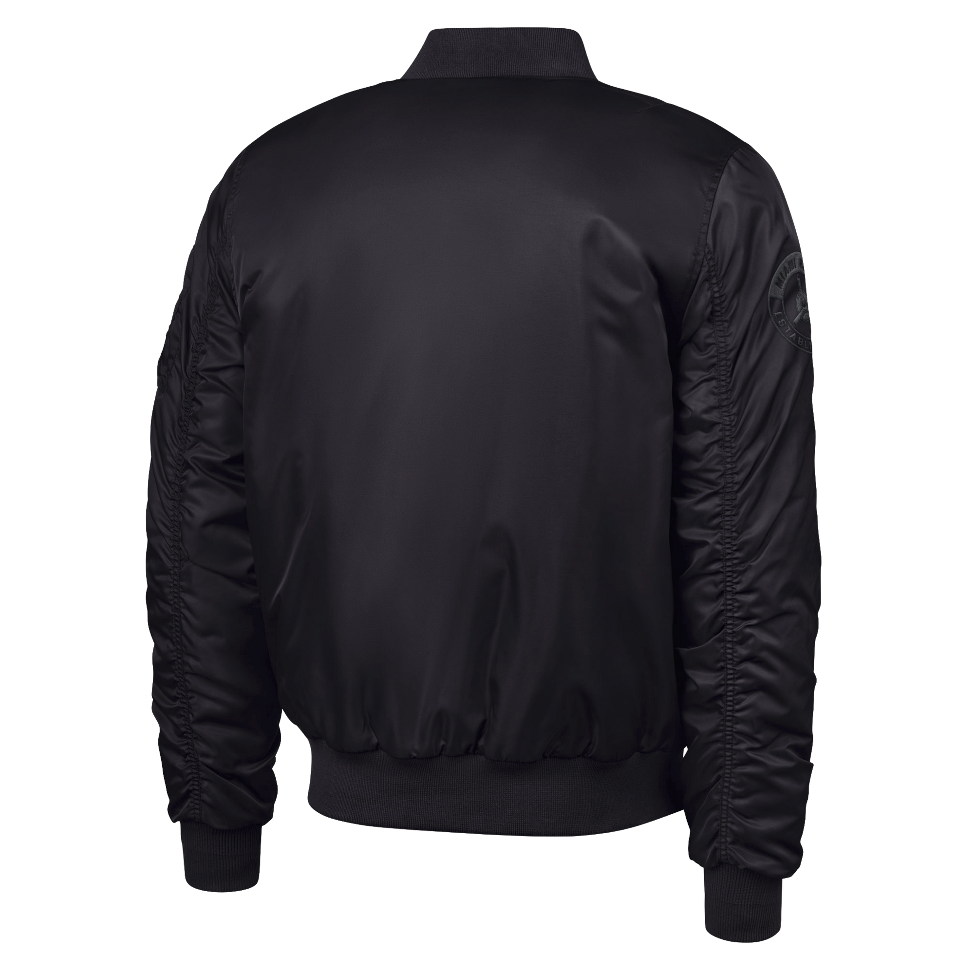 The G-III Sports Miami HEAT Original Vice Nights Aviator Jacket in men's size L features black polyester, ribbed cuffs, waistband, and collar, subtle stitched sleeve details, a faint upper left arm logo, and is machine wash cold.