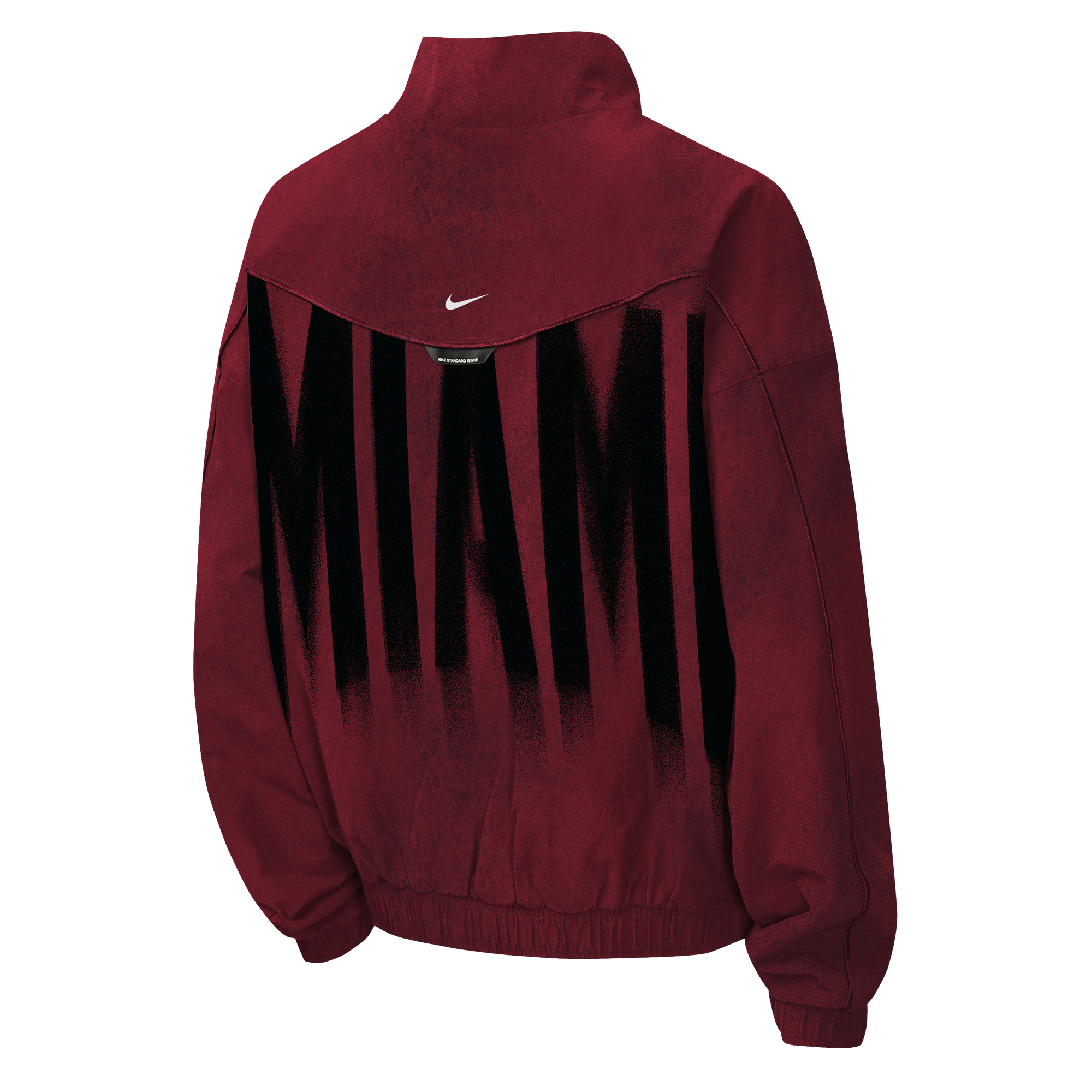 Back view of a loose-fit, dark red polyester Nike Miami HEAT Standard Issue Loud Woven Youth Jacket with a large black MIAMI wordmark across the back and a small white logo at the neckline.