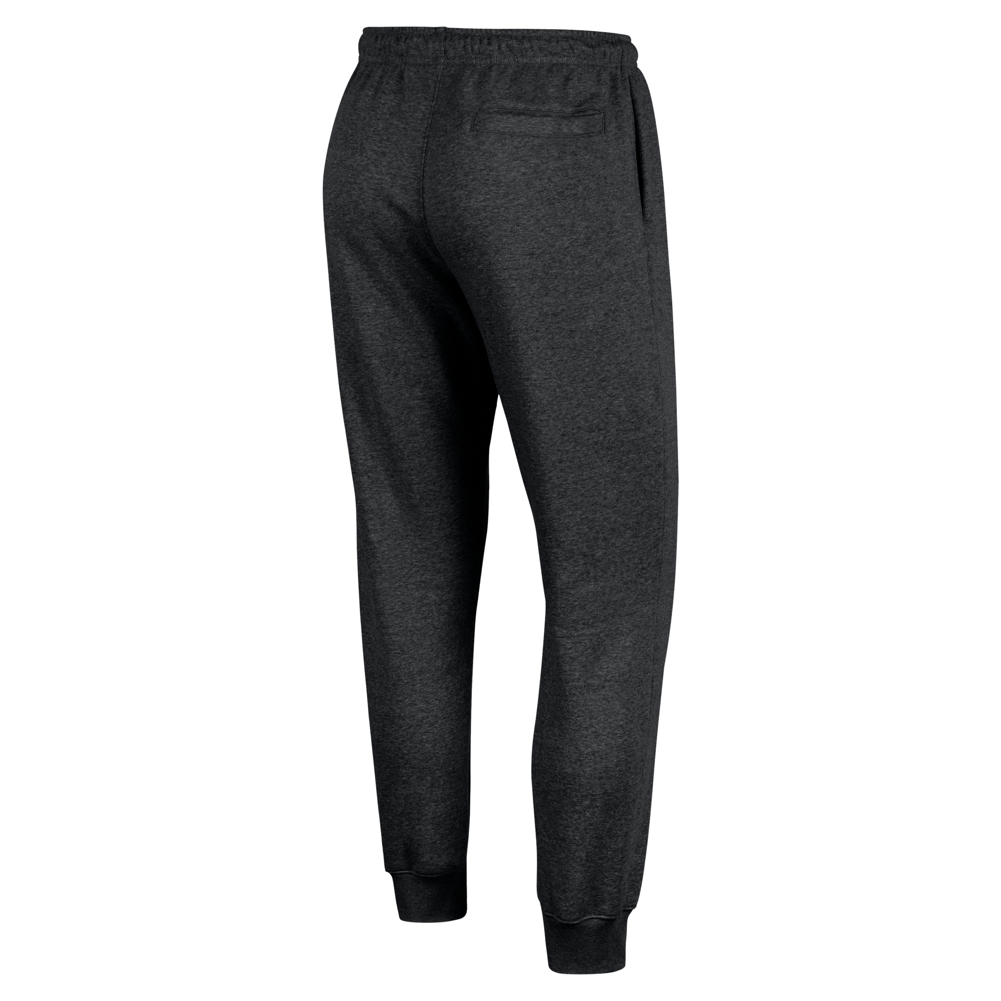 The Nike Miami HEAT Original Vice Nights Fleece Pants by Nike are shown from the back in dark gray, featuring a standard fit, elastic waistband, single back pocket, tapered leg with ribbed cuffs, side pockets, and soft cotton—displayed on a white background.