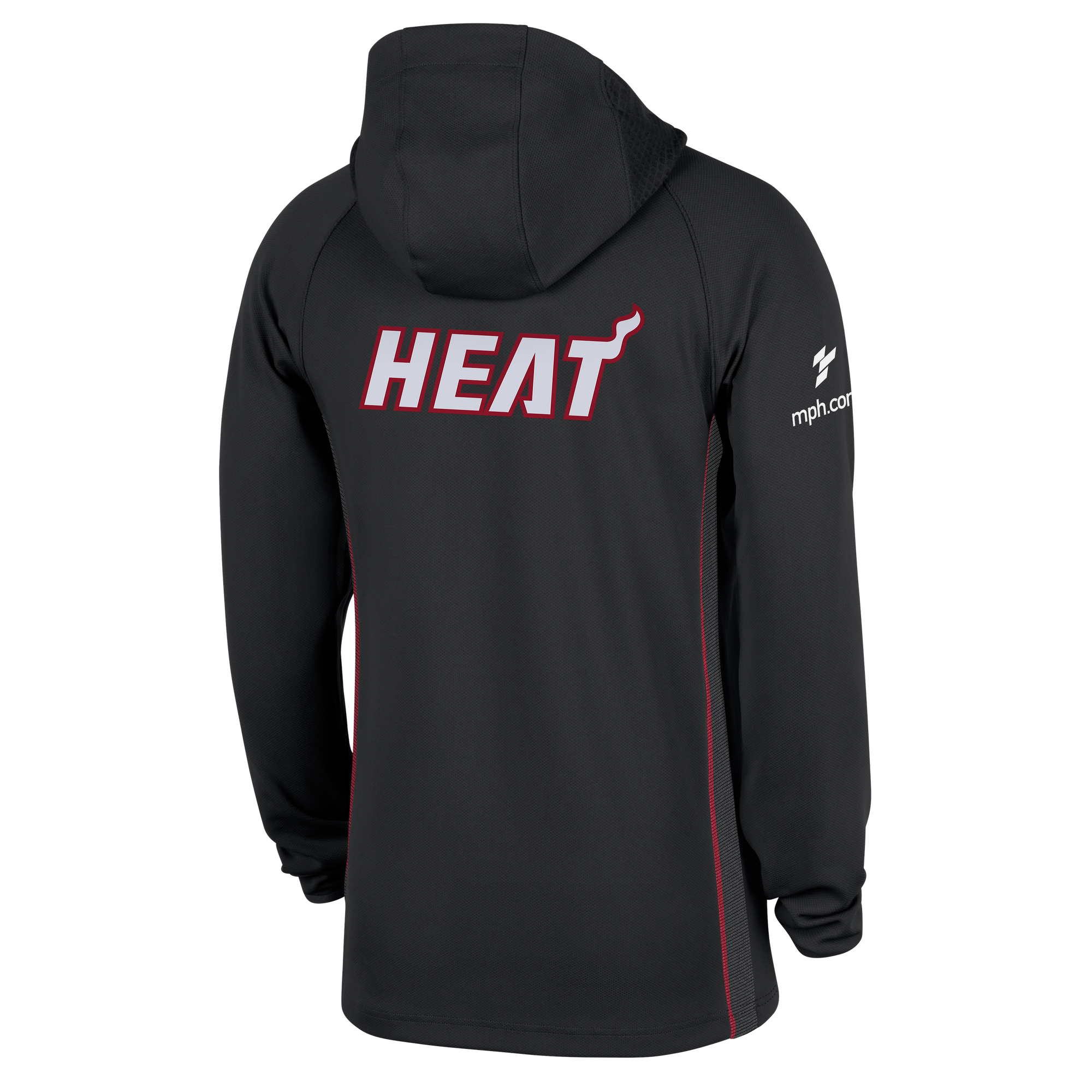The Nike Miami HEAT On-Court 1/4 Zip Hoodie features a black standard fit, bold white and red “HEAT” on the back with a flame T, and mph.com plus a white logo on the right sleeve.